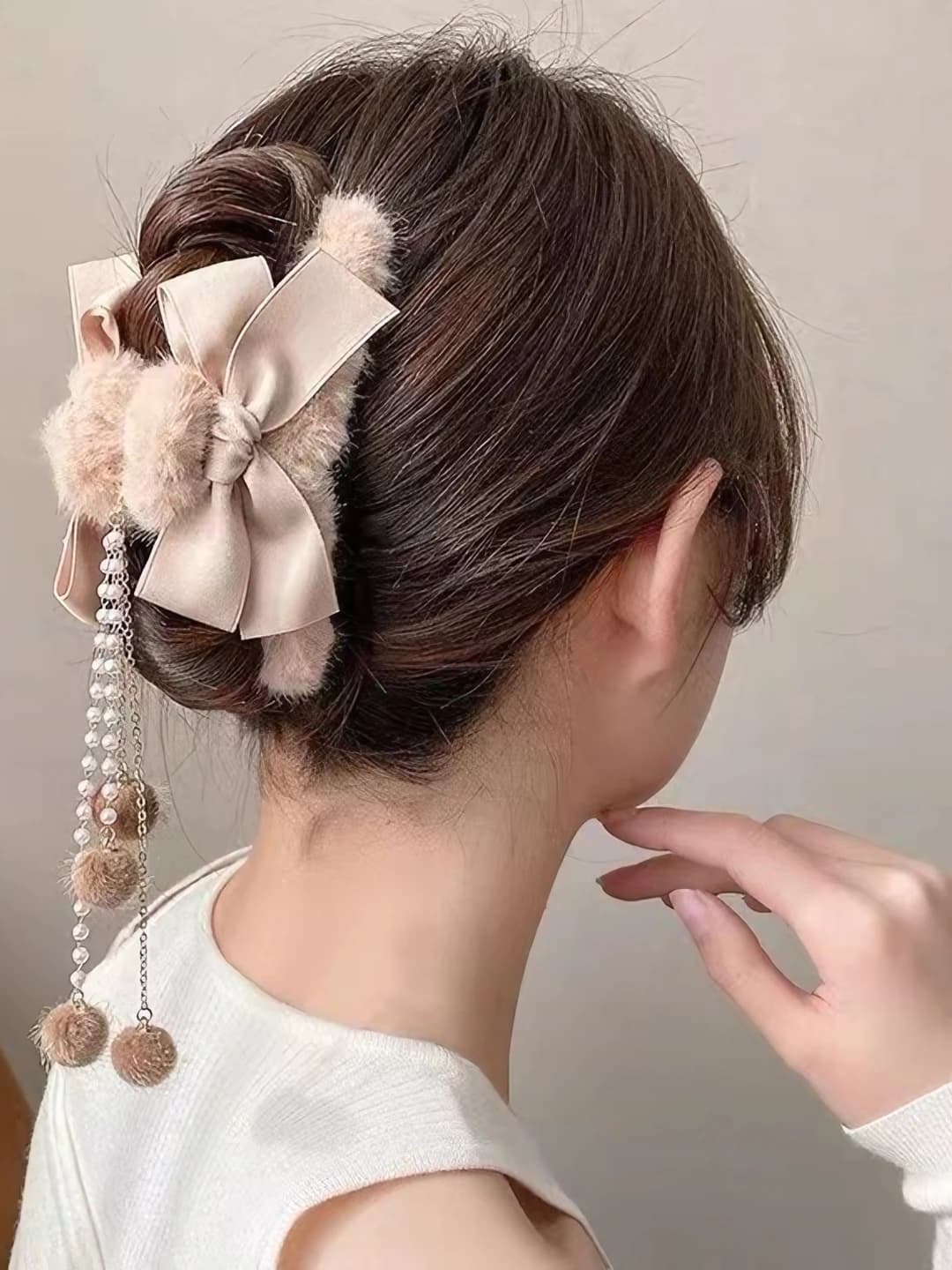 4#Coffee bow pearl pompon-11 cm
