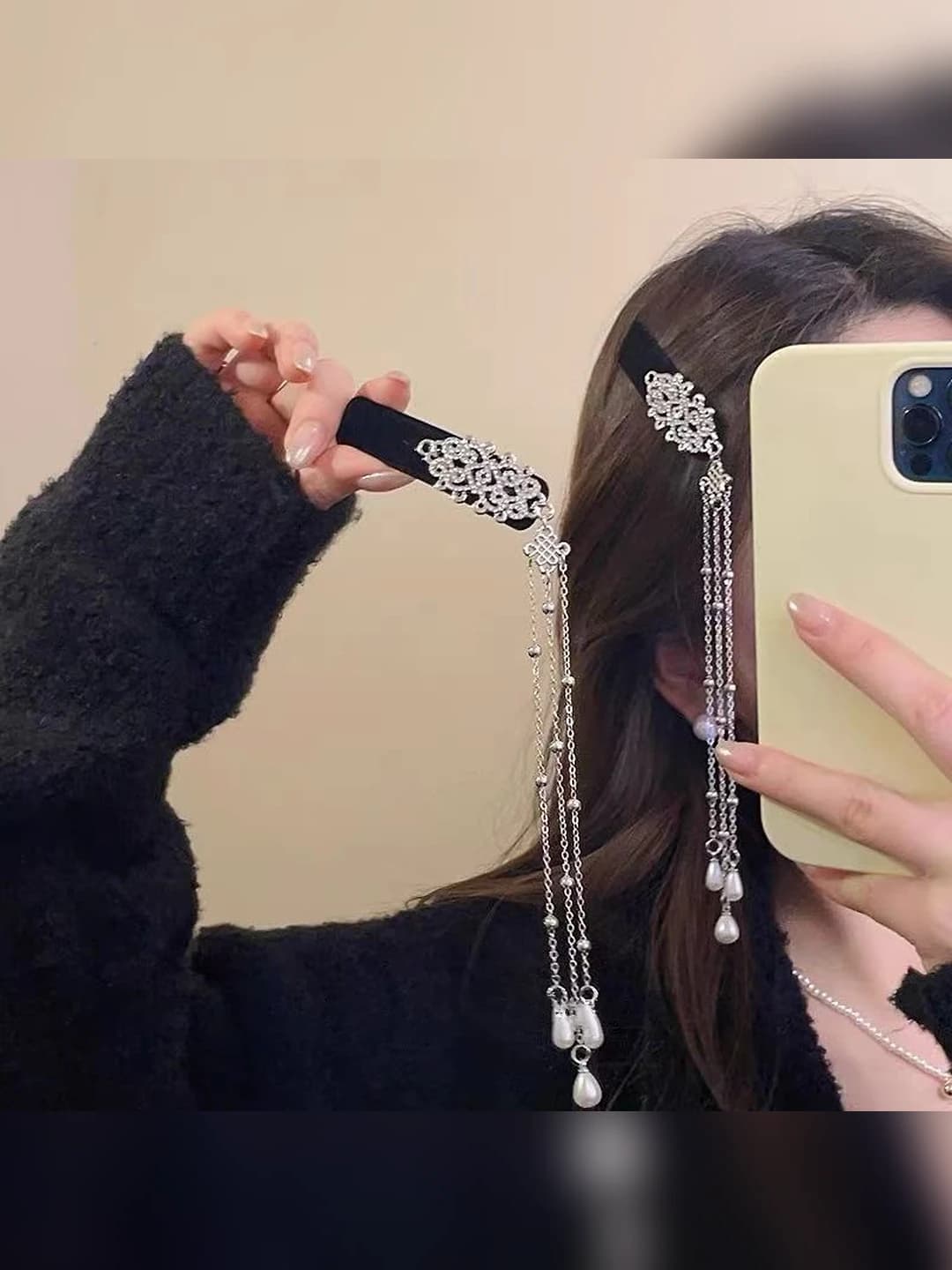 Women's retro silver BB hair clips with Chinese knot and rhinestones