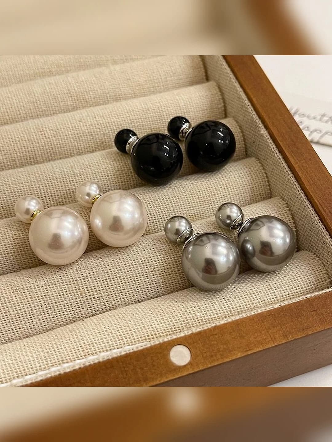 Women's two-sided pearl stud earrings with silver posts, geometric design, light luxury style