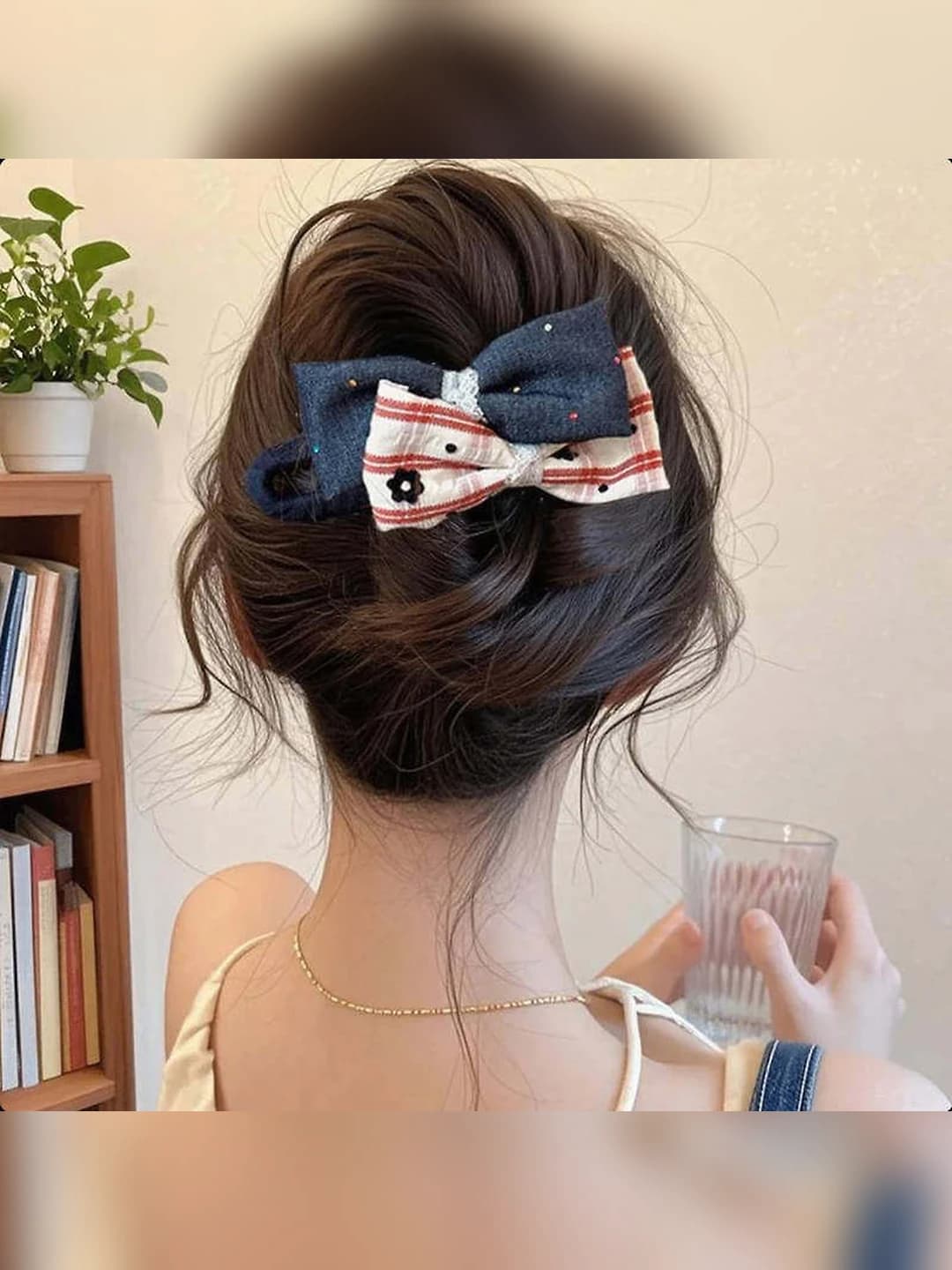 1# Denim blue + red striped double bow clip ~11.5 cm
