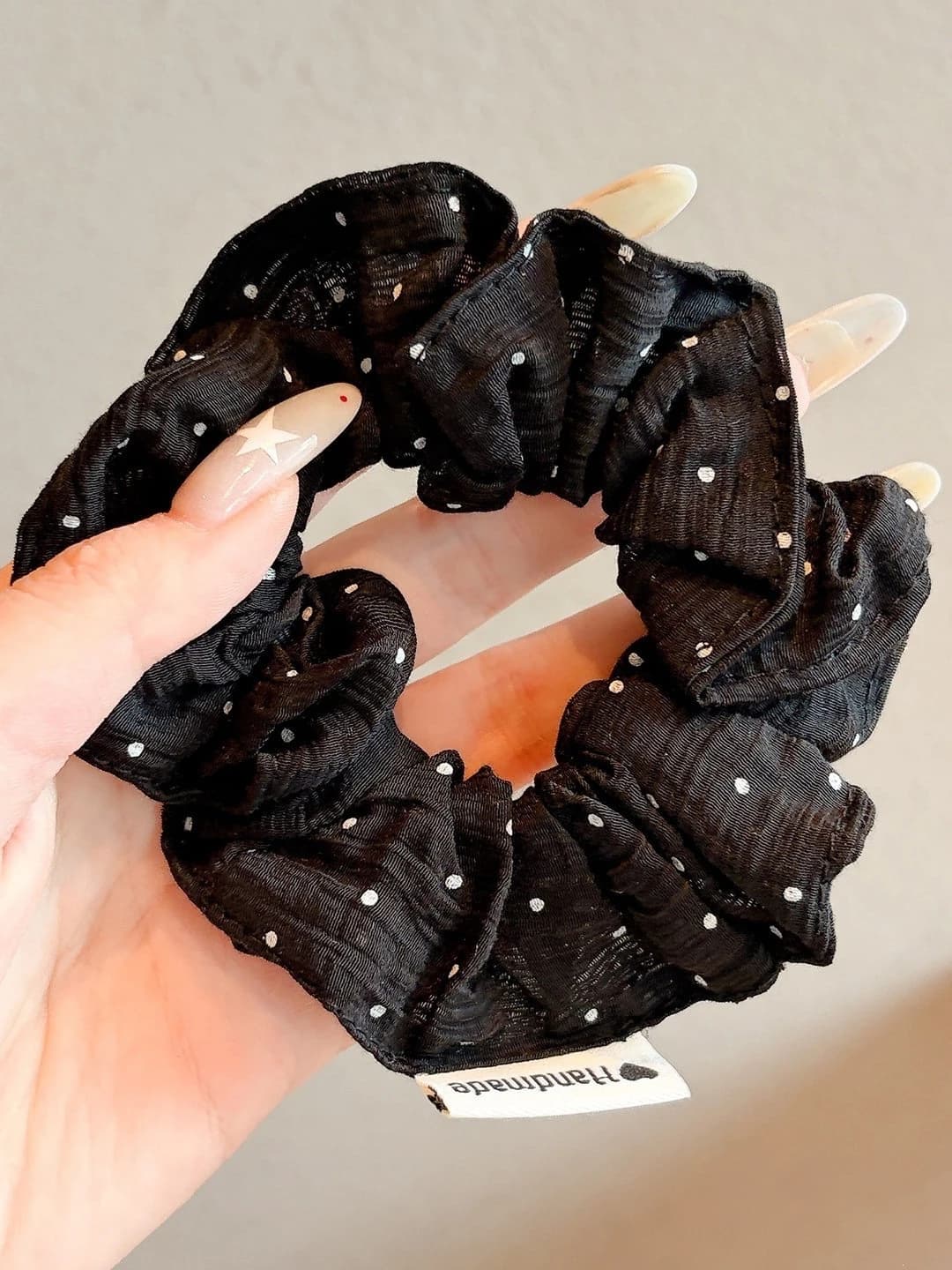 Black polka dot hair tie, 10 cm