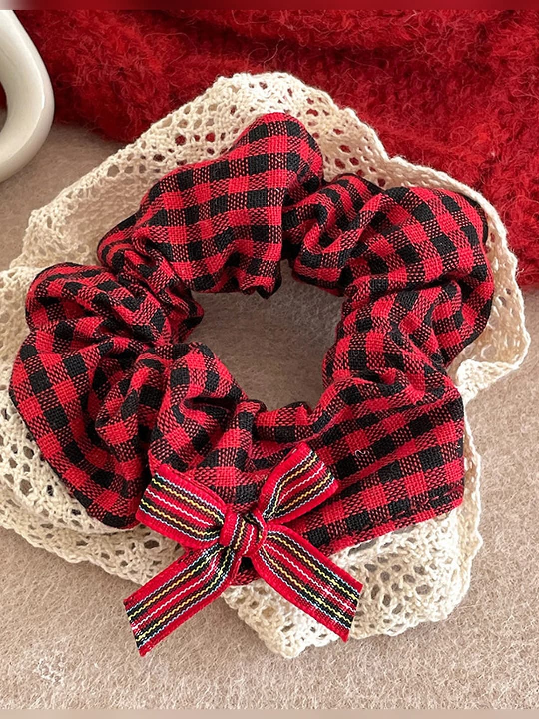 Red plaid, lace edge