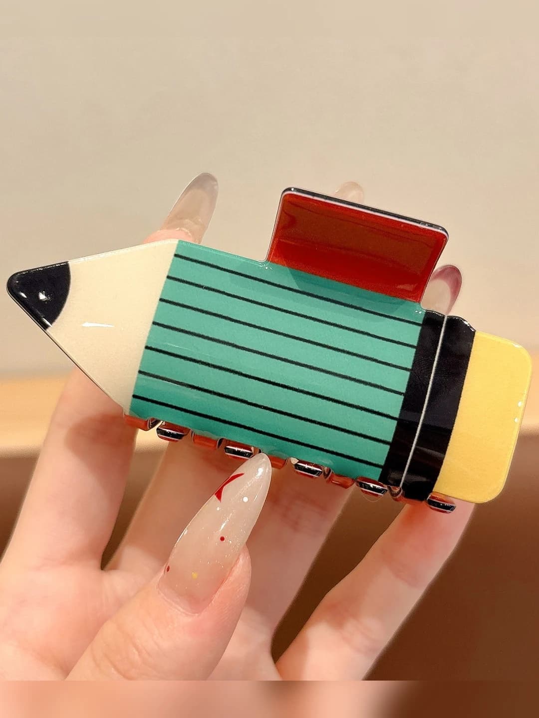 1# Green striped pencil hair clip ~9 cm