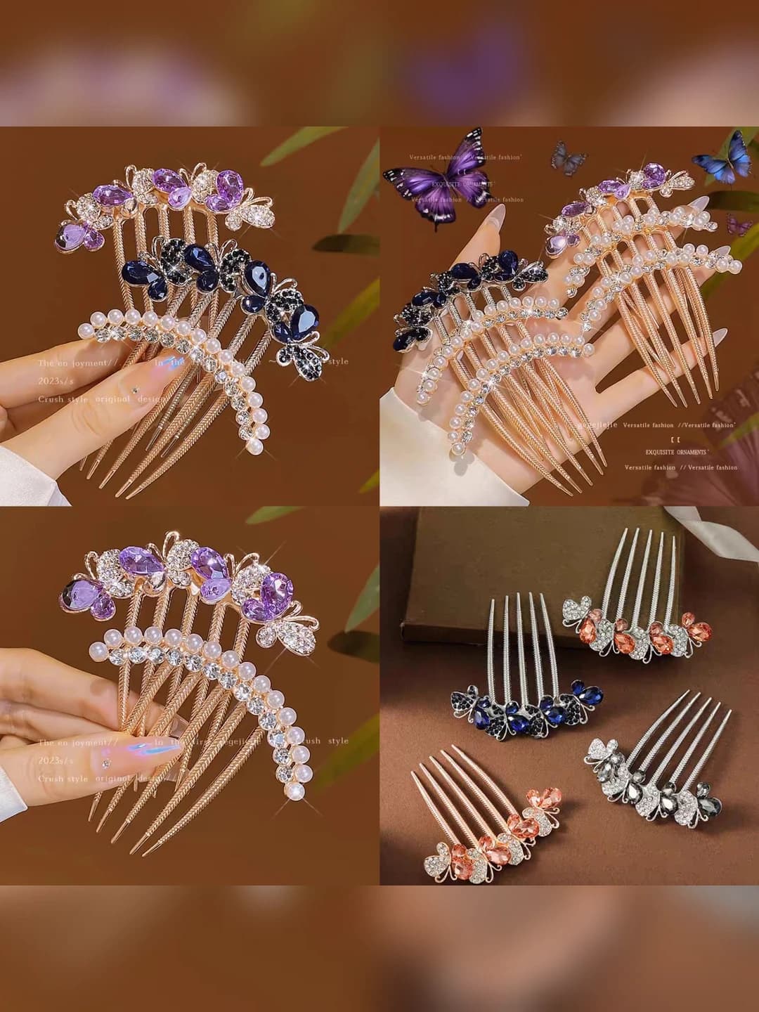 Women's retro rhinestone hair comb, handmade, 5 teeth, U-shaped, for hair styling