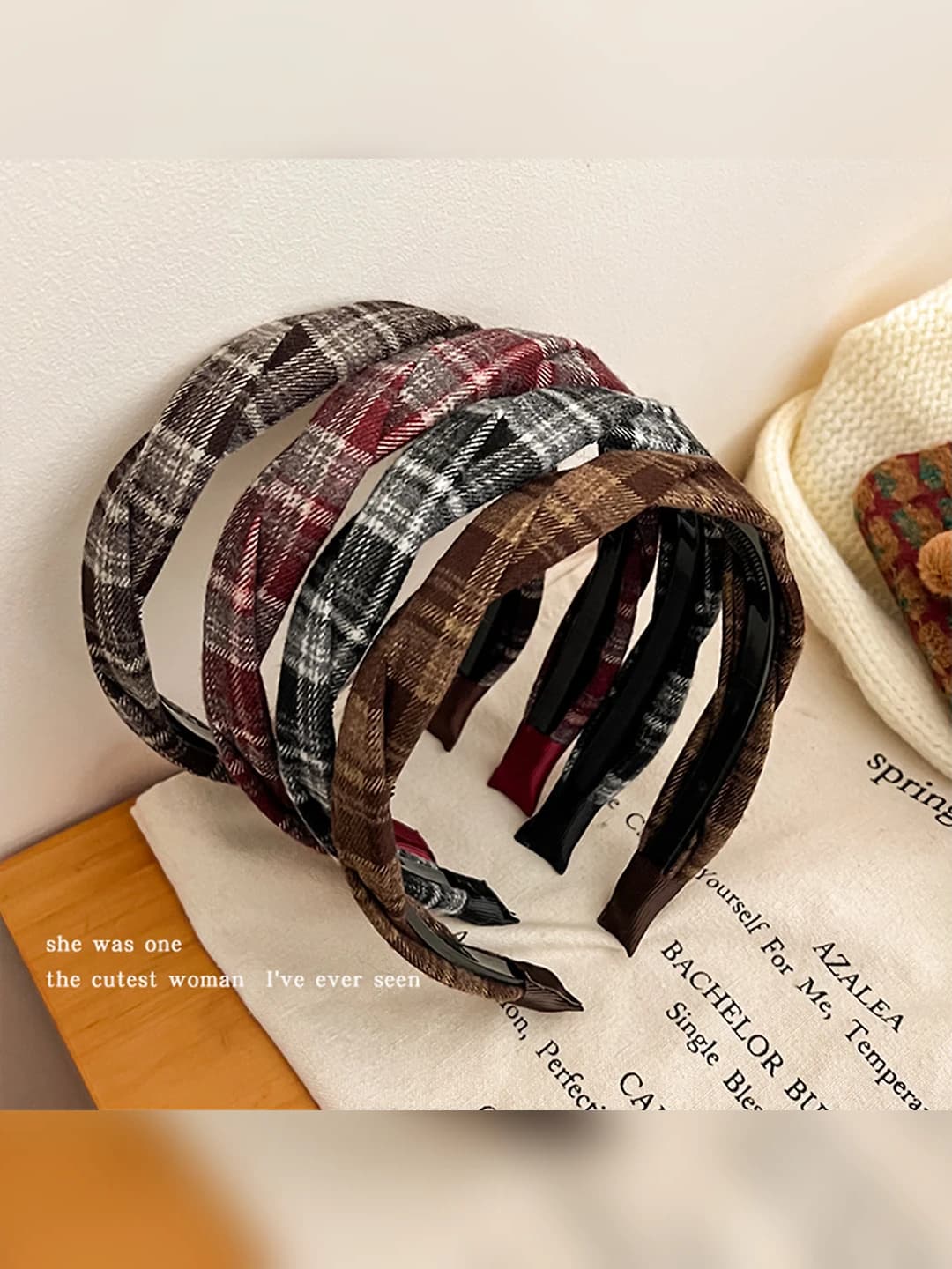 Women's preppy style headband with cable knit and plaid pattern for autumn-winter