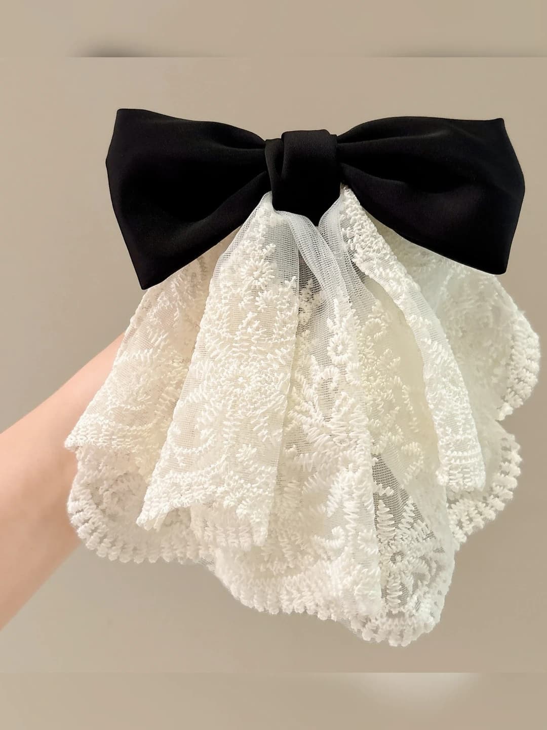 1# Beige lace, black bow clip - 15 cm, ribbon 14 cm