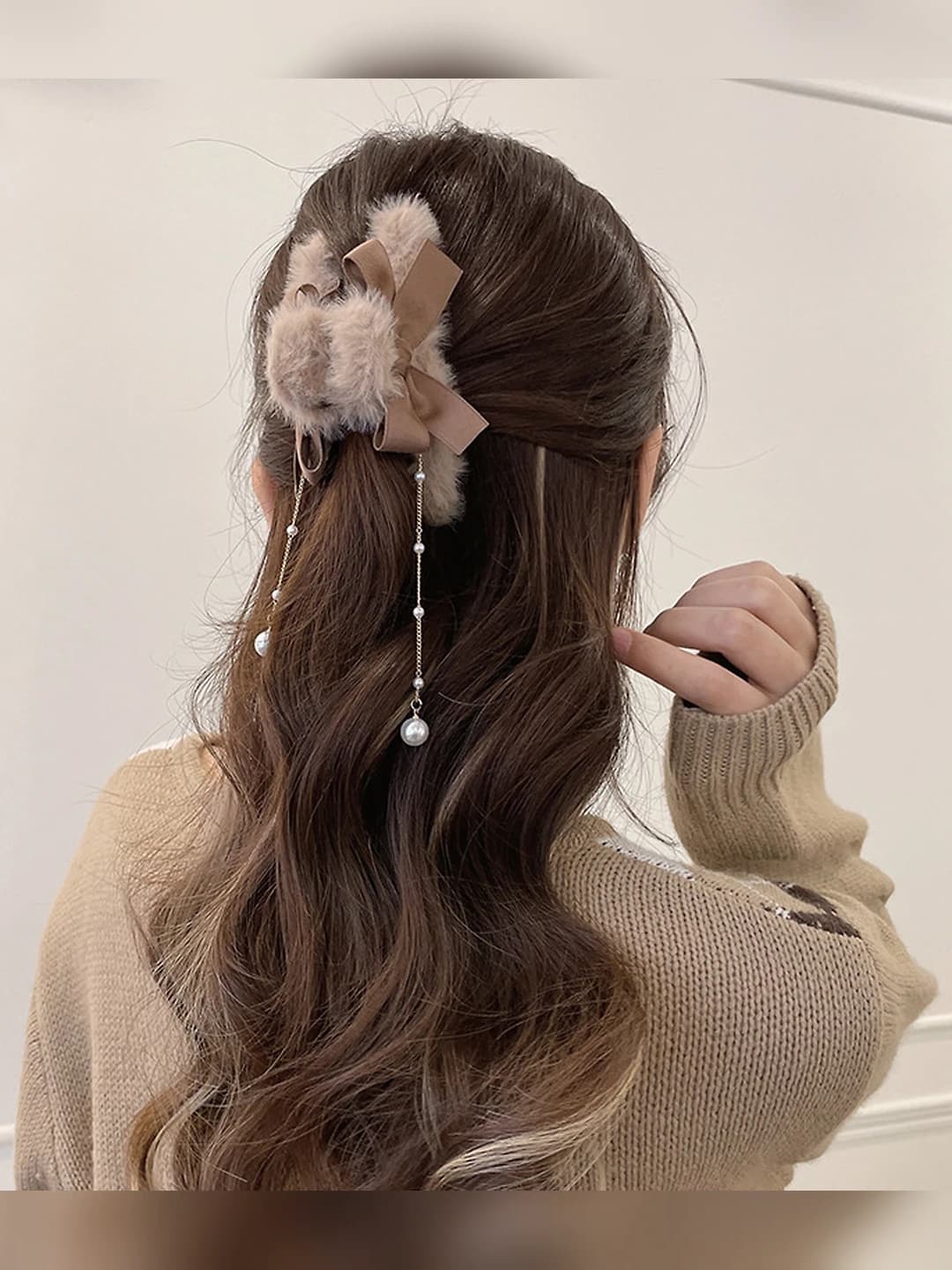 6#Brown bow pearl tassel-11 cm