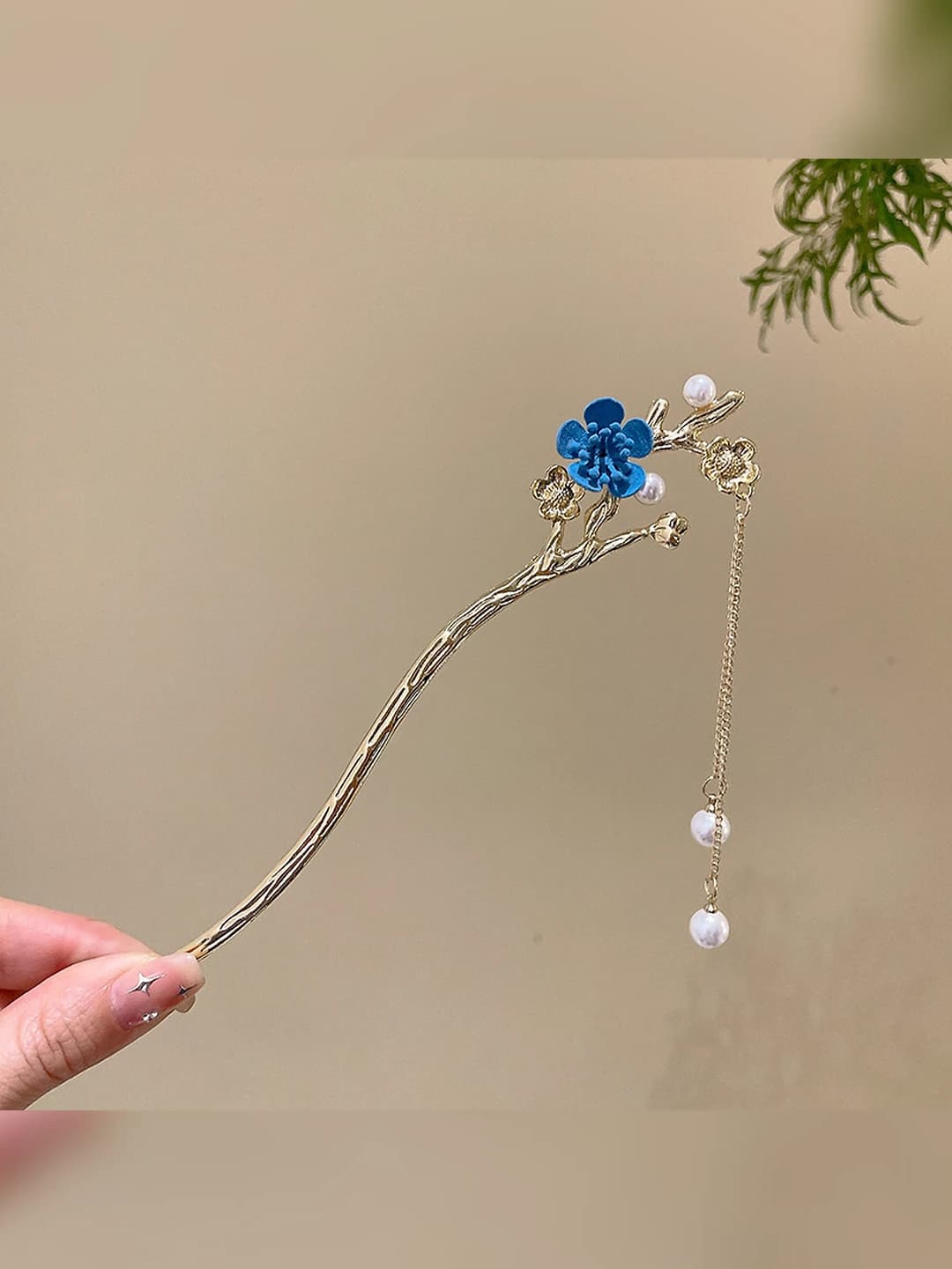 2# Felt blue flowers multi-pearl pendant hairpin, gold