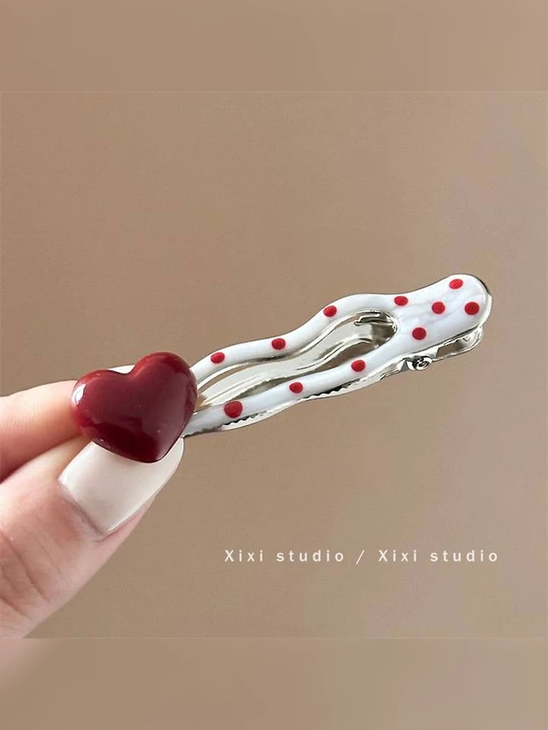 1# Red heart polka dot wave clip - 6.5 cm
