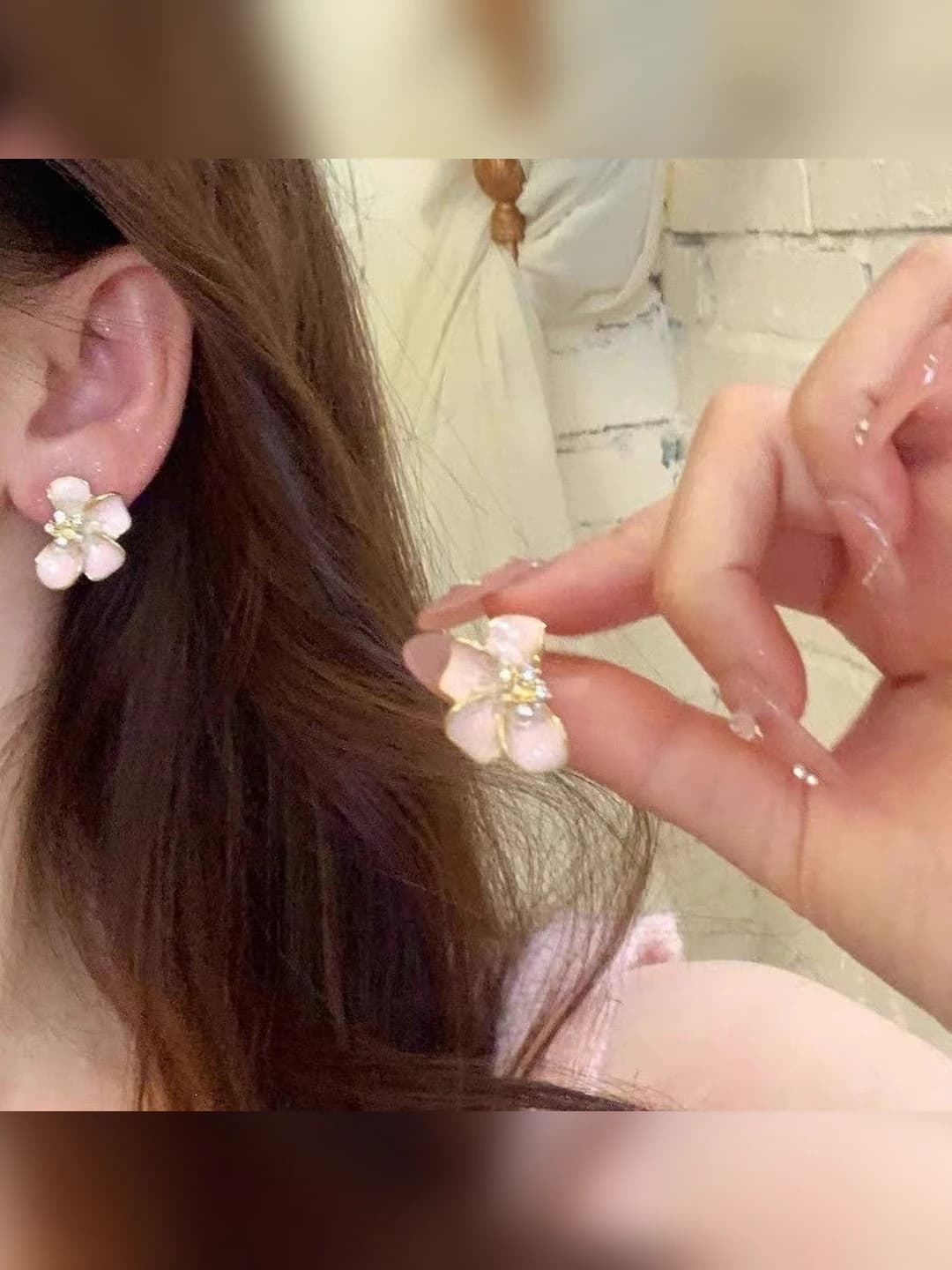 French retro pink enamel 4-petal flower studs