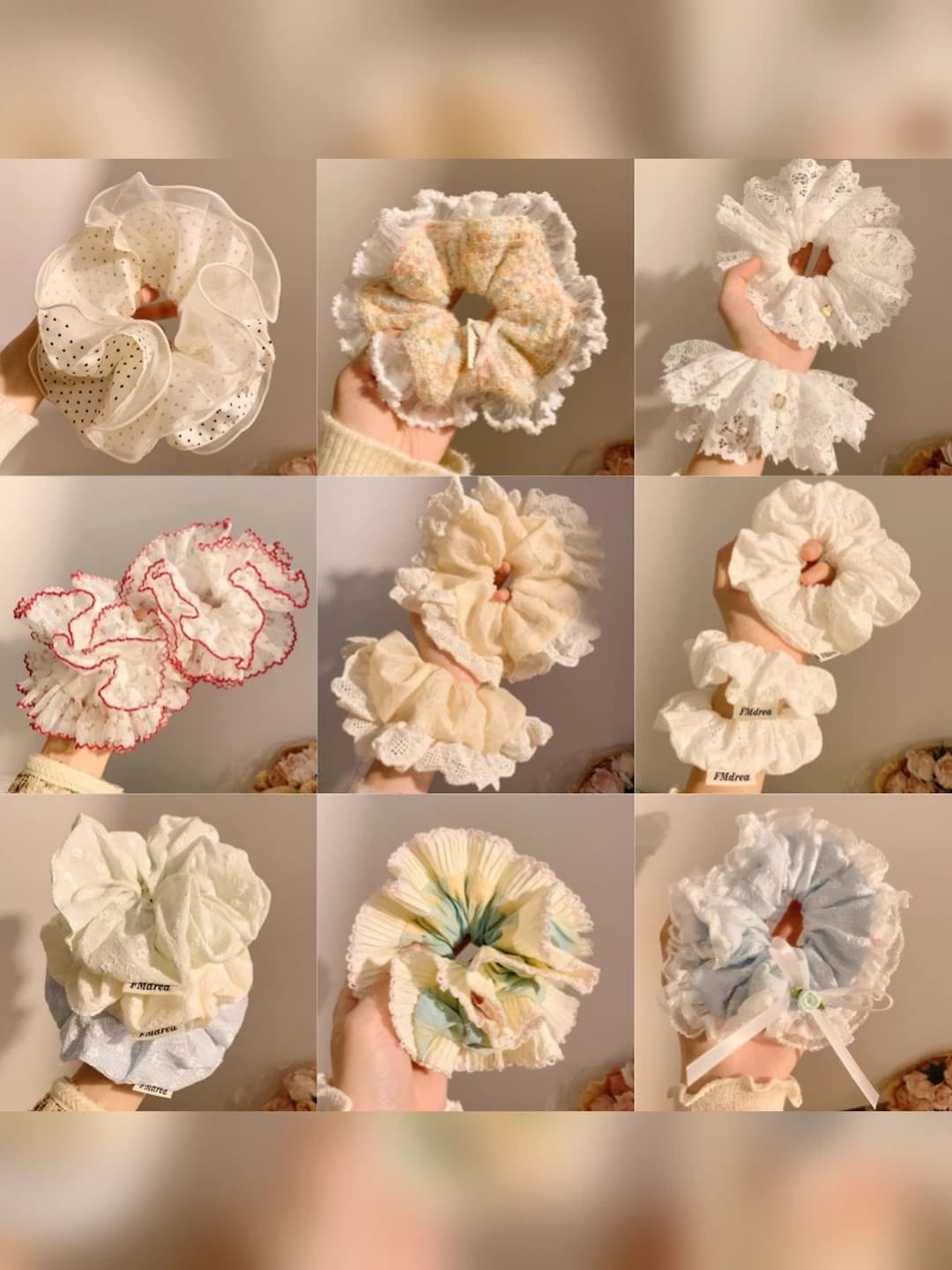 Women's Korean style embroidered floral hair ties, milky white, large size