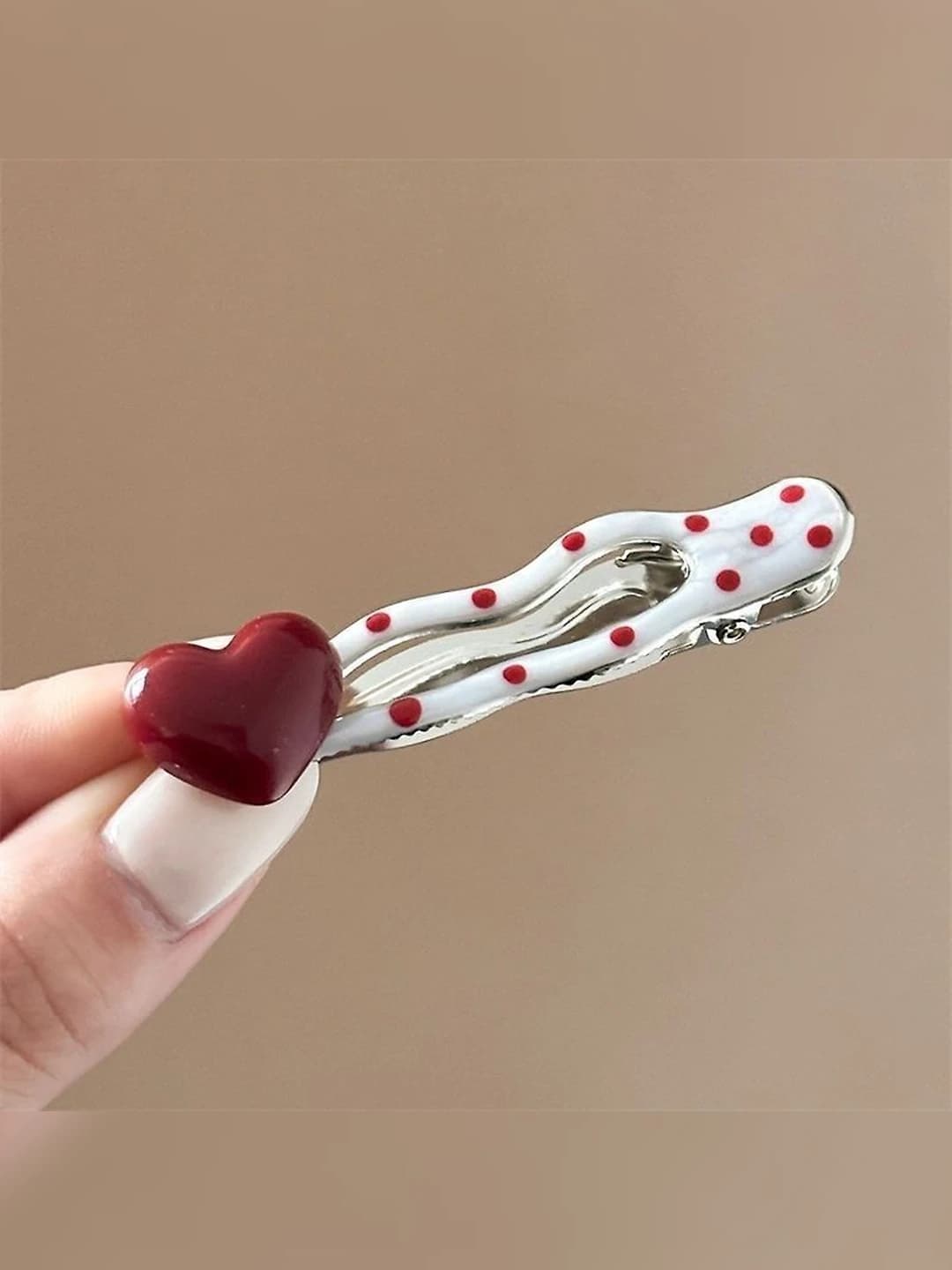 1# Red heart polka dot wave clip - 6.5 cm