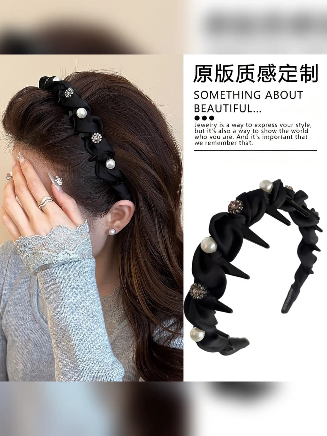 Women's French style headband with wavy teeth, rhinestones and pearls, 2026