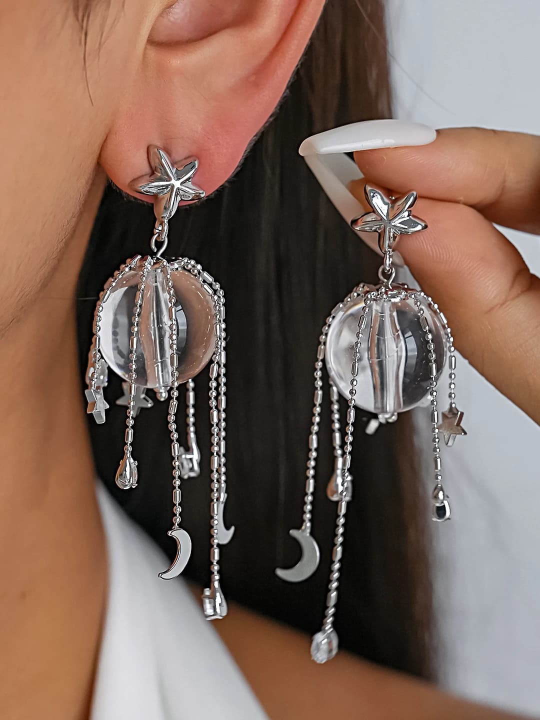 Women's earrings: zircon, resin, star and moon, tassel, steel post, geometric, cold style