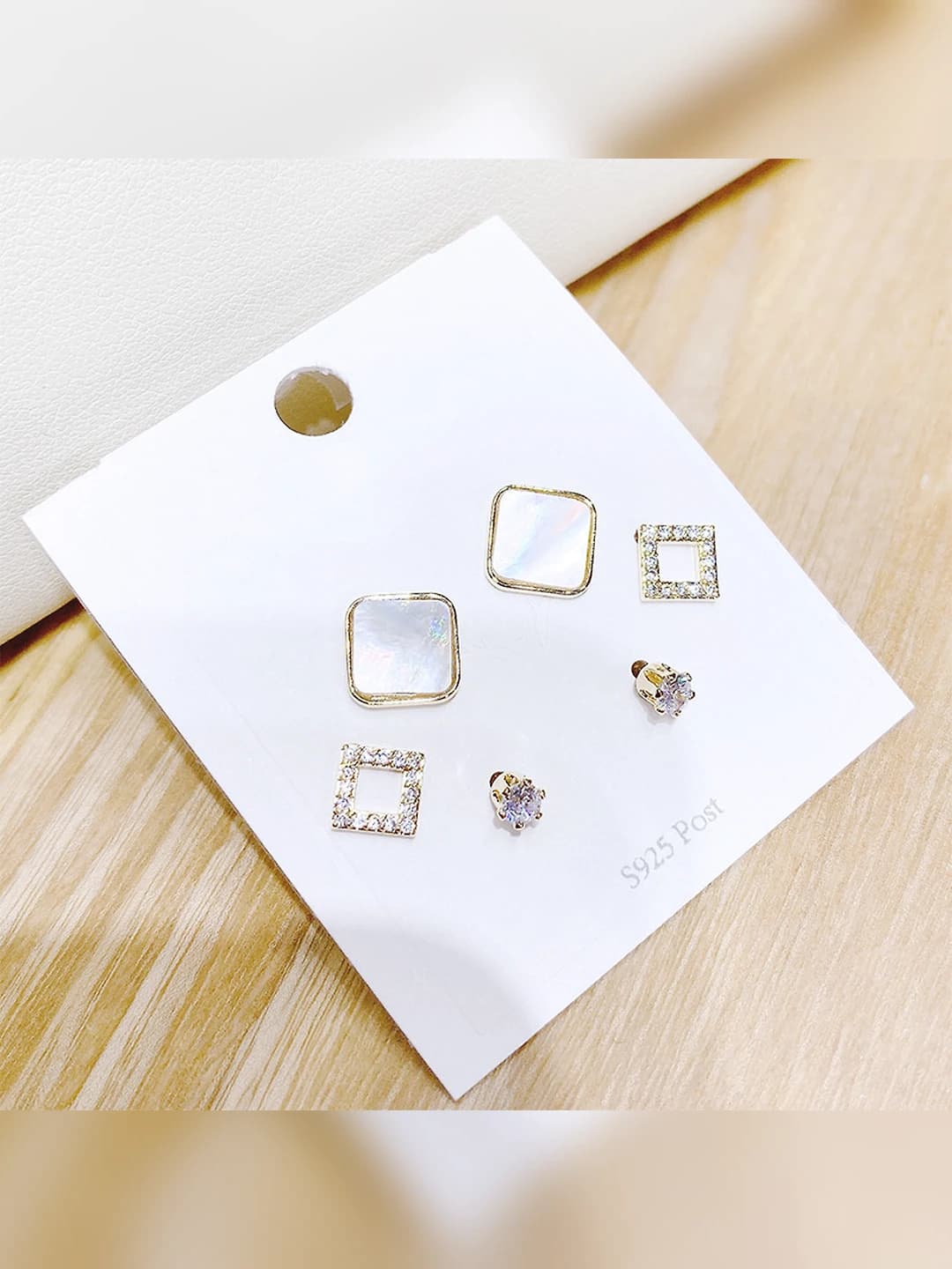 Women's silver post, real gold plated, shell and zirconia, Korean style, simple stud earrings