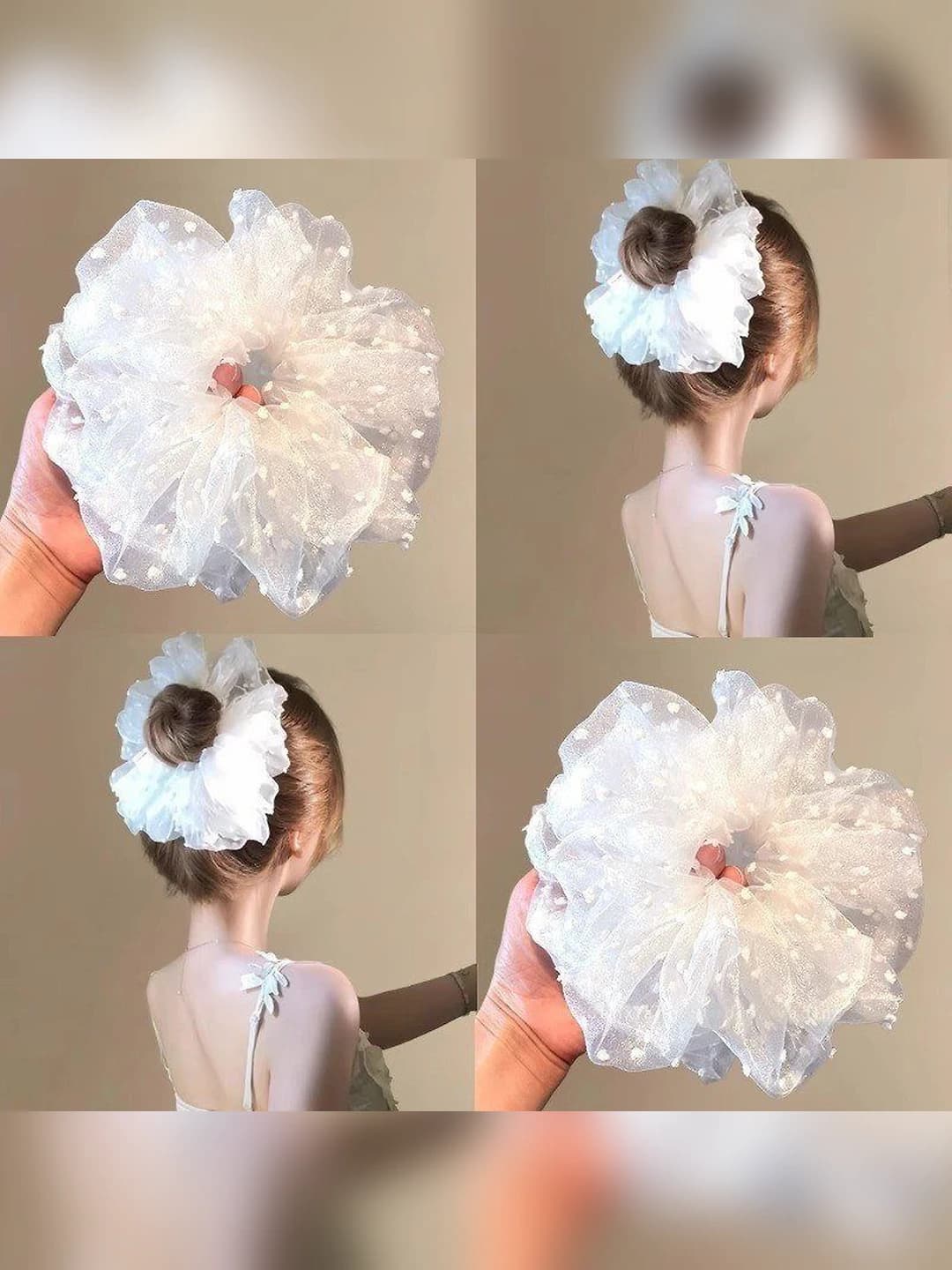 Women's large cream mesh polka dot elastic hair scrunchie, handmade