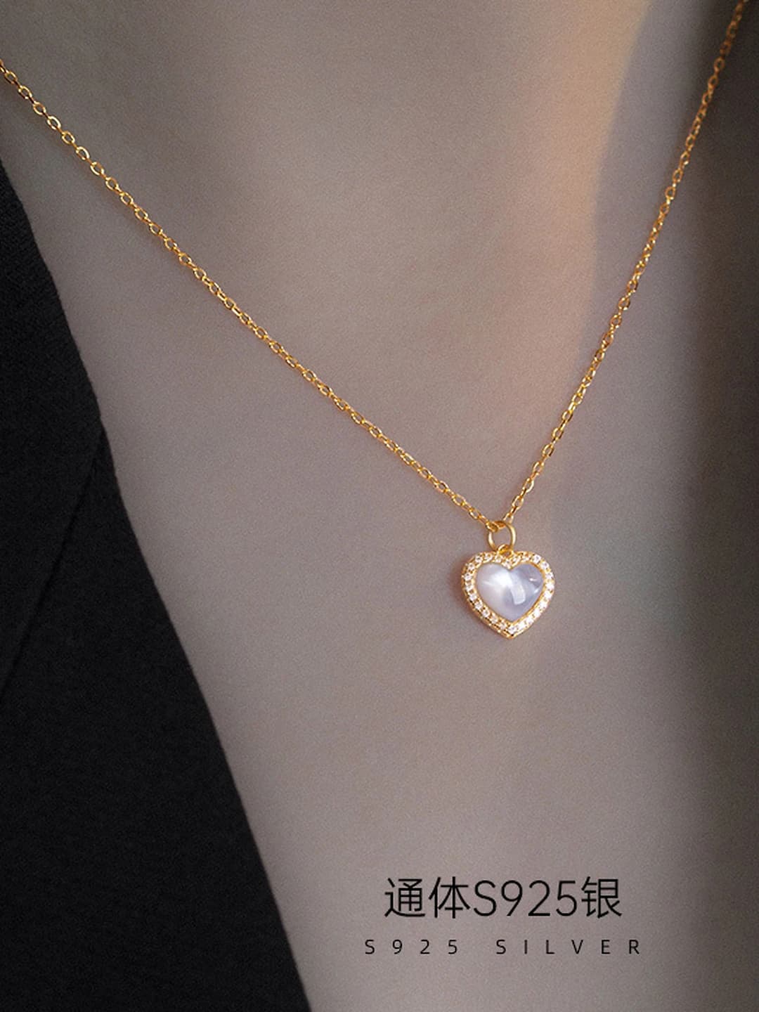 Women's silver heart pendant necklace with cat's eye stone and diamonds, premium style