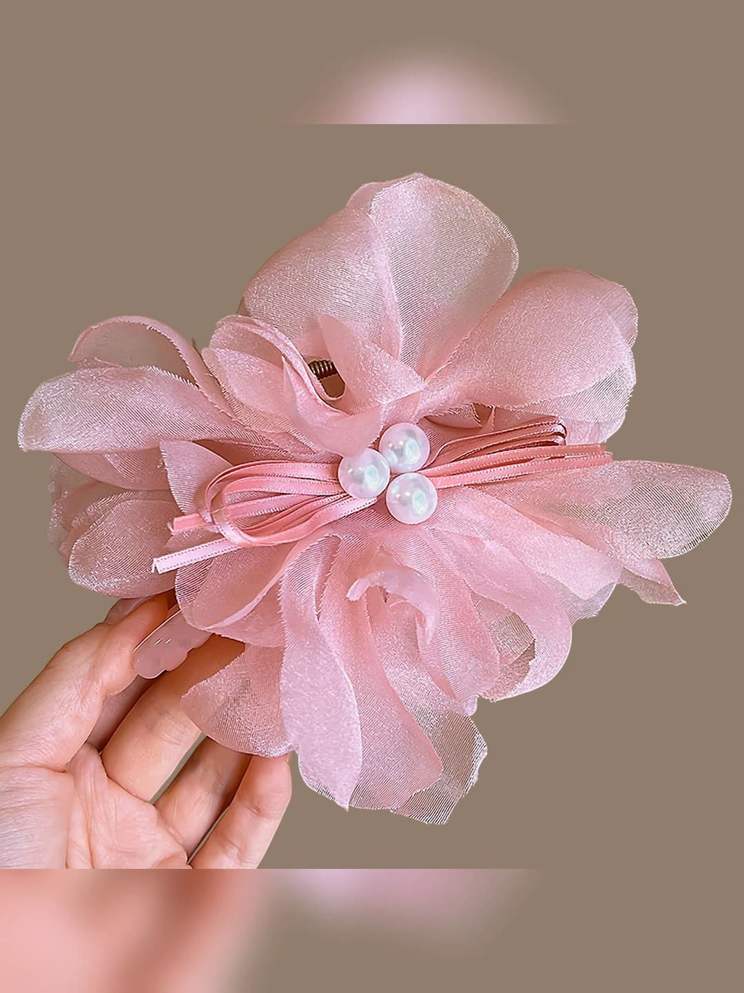 Pink mesh flower pearl clip ~13 cm