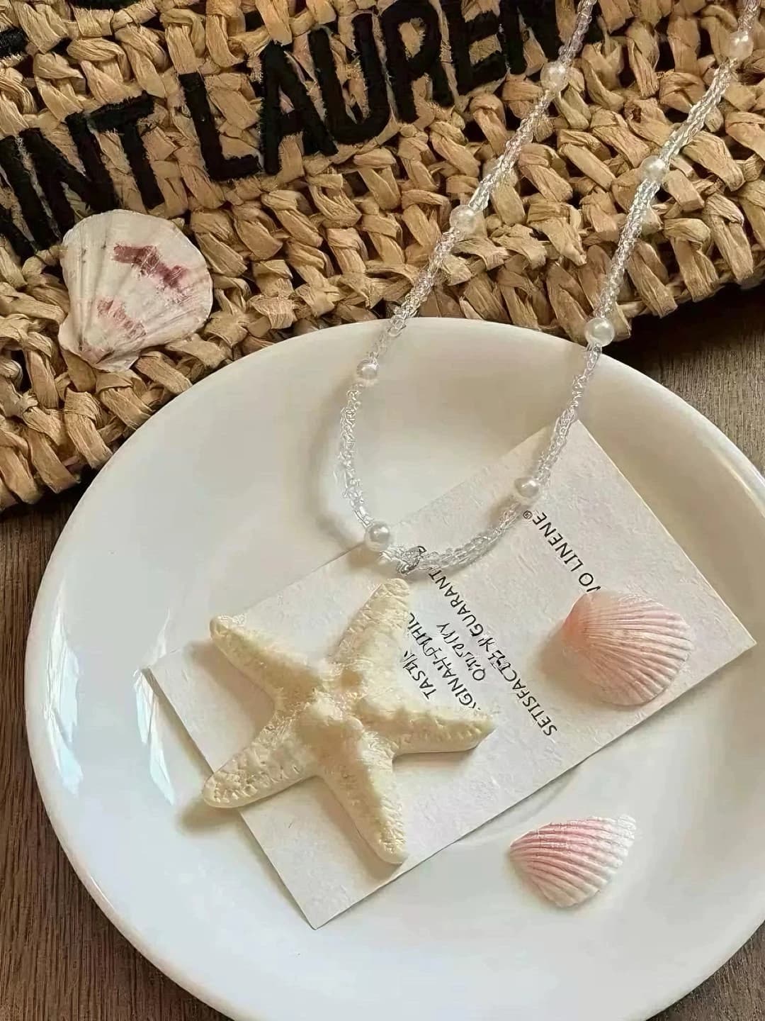 Beige starfish, white beads, long