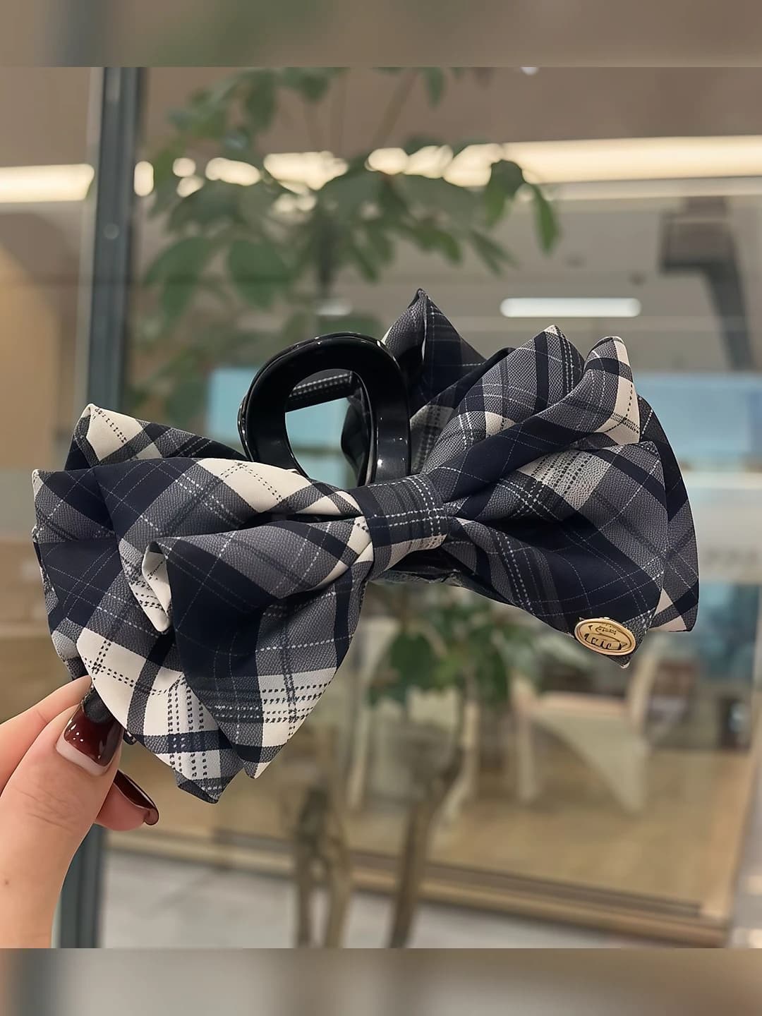 1# Ink white plaid bow clip ~13cm