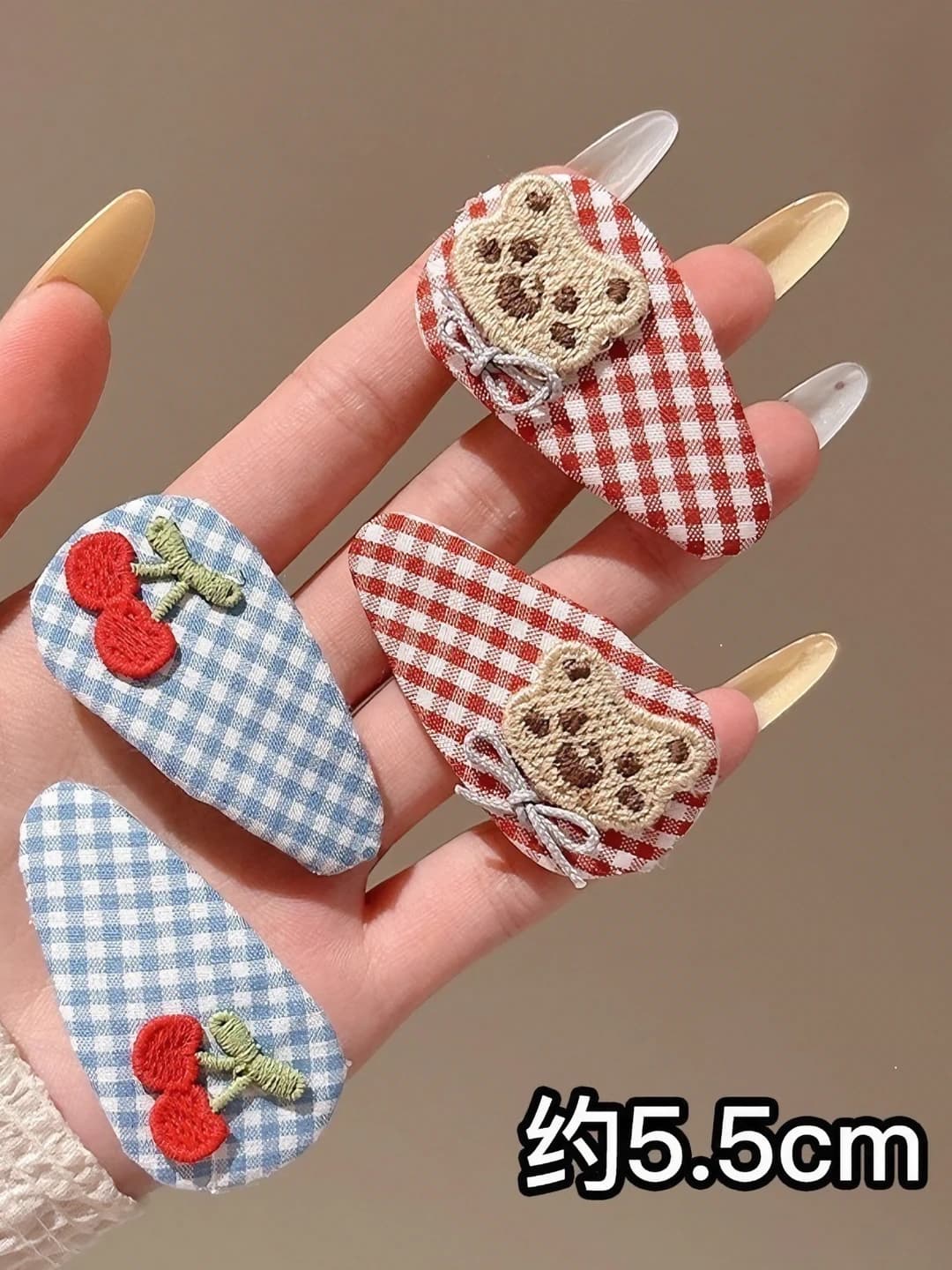 Plaid bear & cherry hair clips 4 pcs