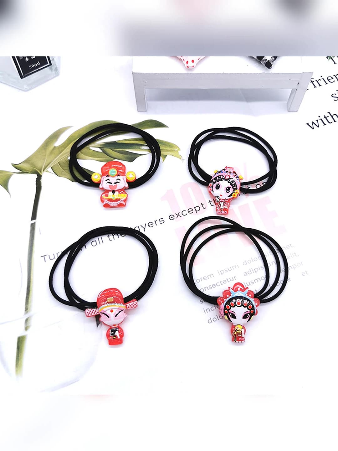 Women's decorative stretch hair ties with Peking opera charms, red color, god of wealth and high elasticity