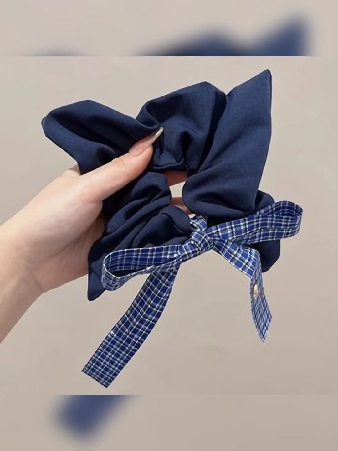 3# Denim hair tie plaid ribbon 22 cm