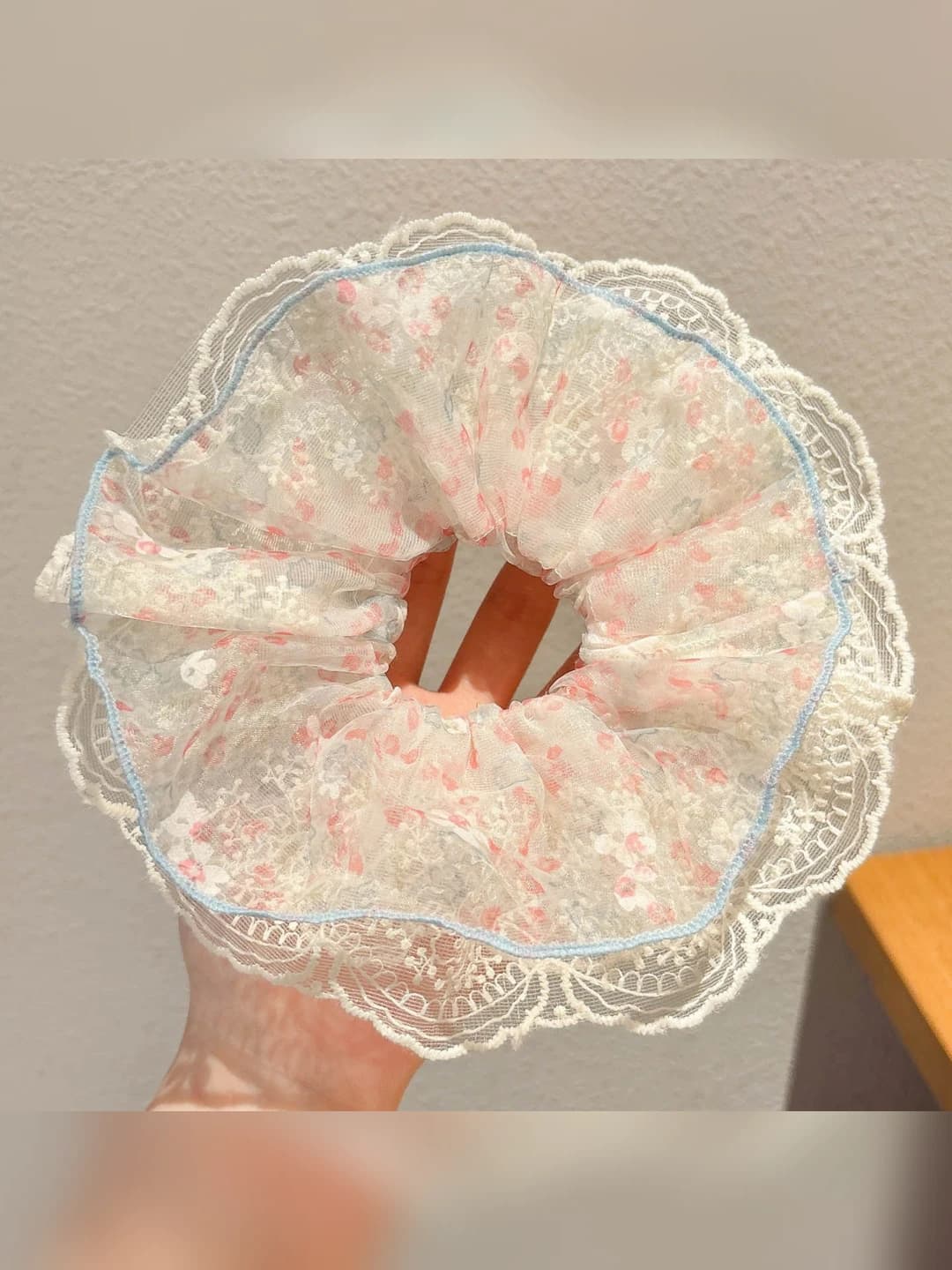 Pink-blue floral lace scrunchie