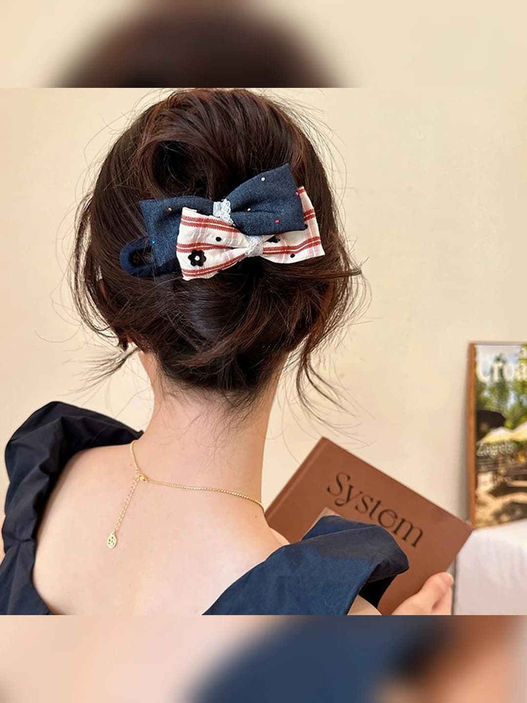 1# Denim blue + red striped double bow clip ~11.5 cm