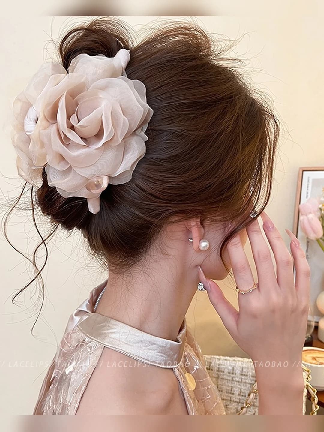 Pink flower pearl clip - 13 cm