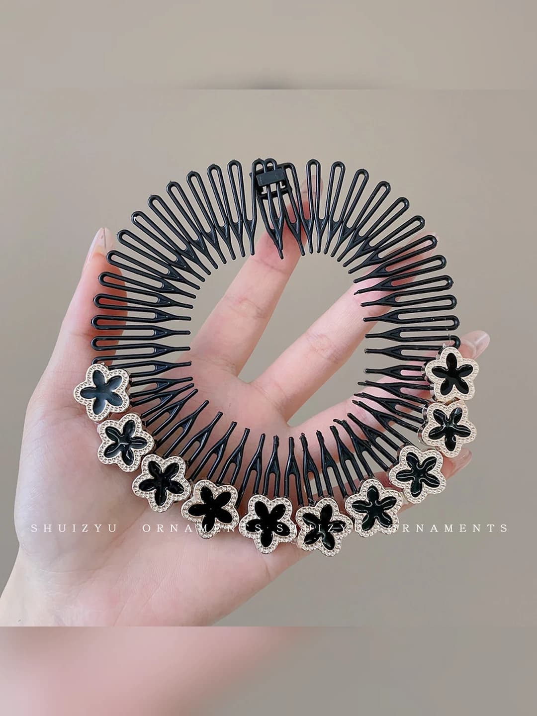 14# Black edged flower hair wrap (11.5 cm)