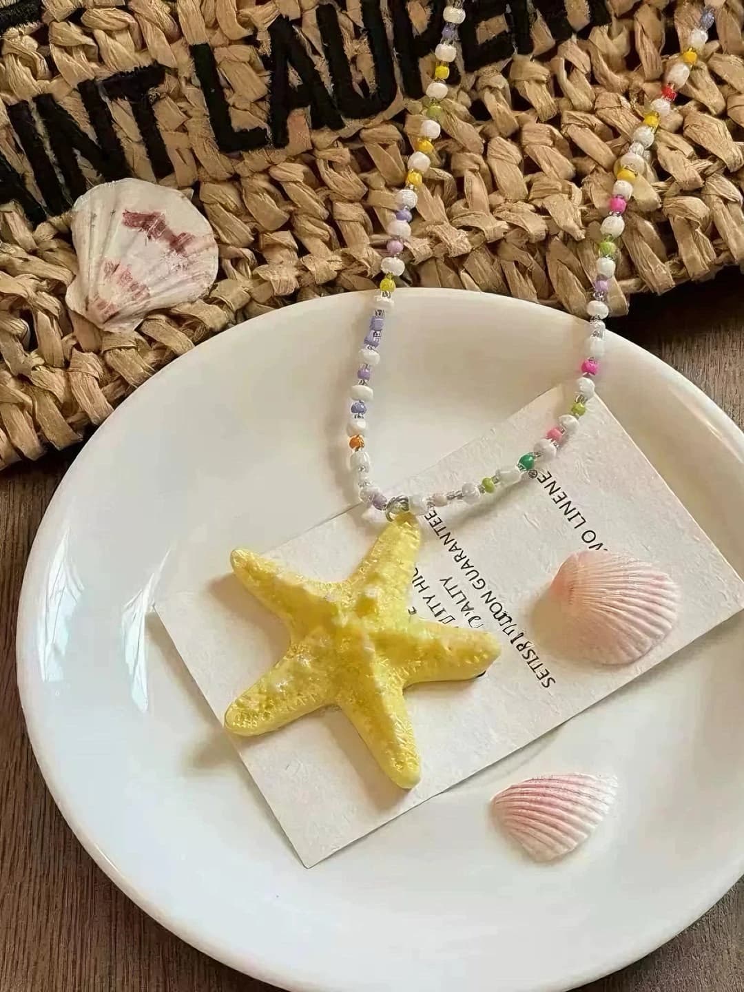 Yellow starfish, multicolour beads, short