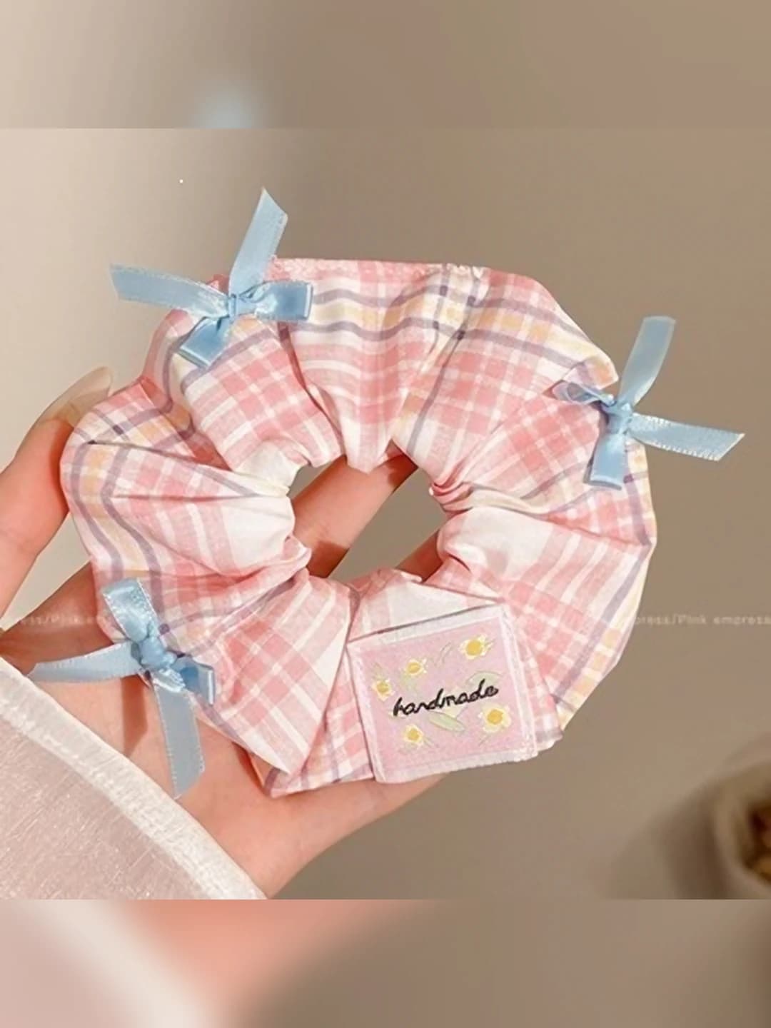 Pink plaid, bow, 11 cm