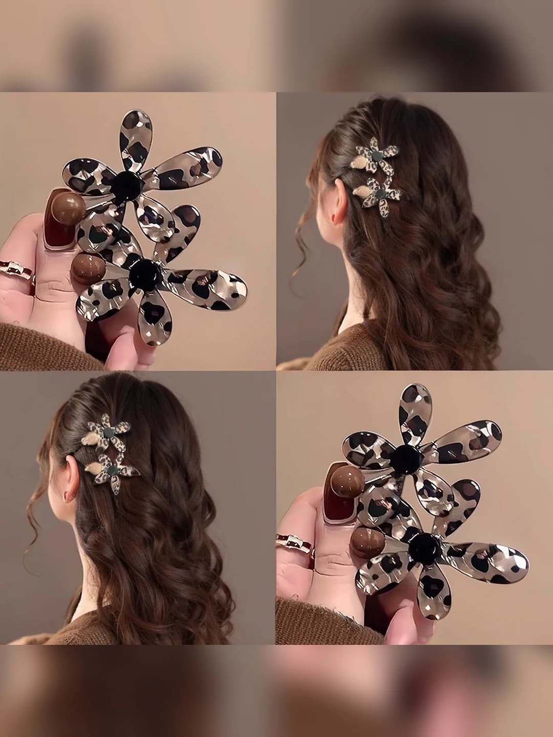 Women's 2026 leopard print flower hair clip, handmade, oval shape, geometric design element, chanel style