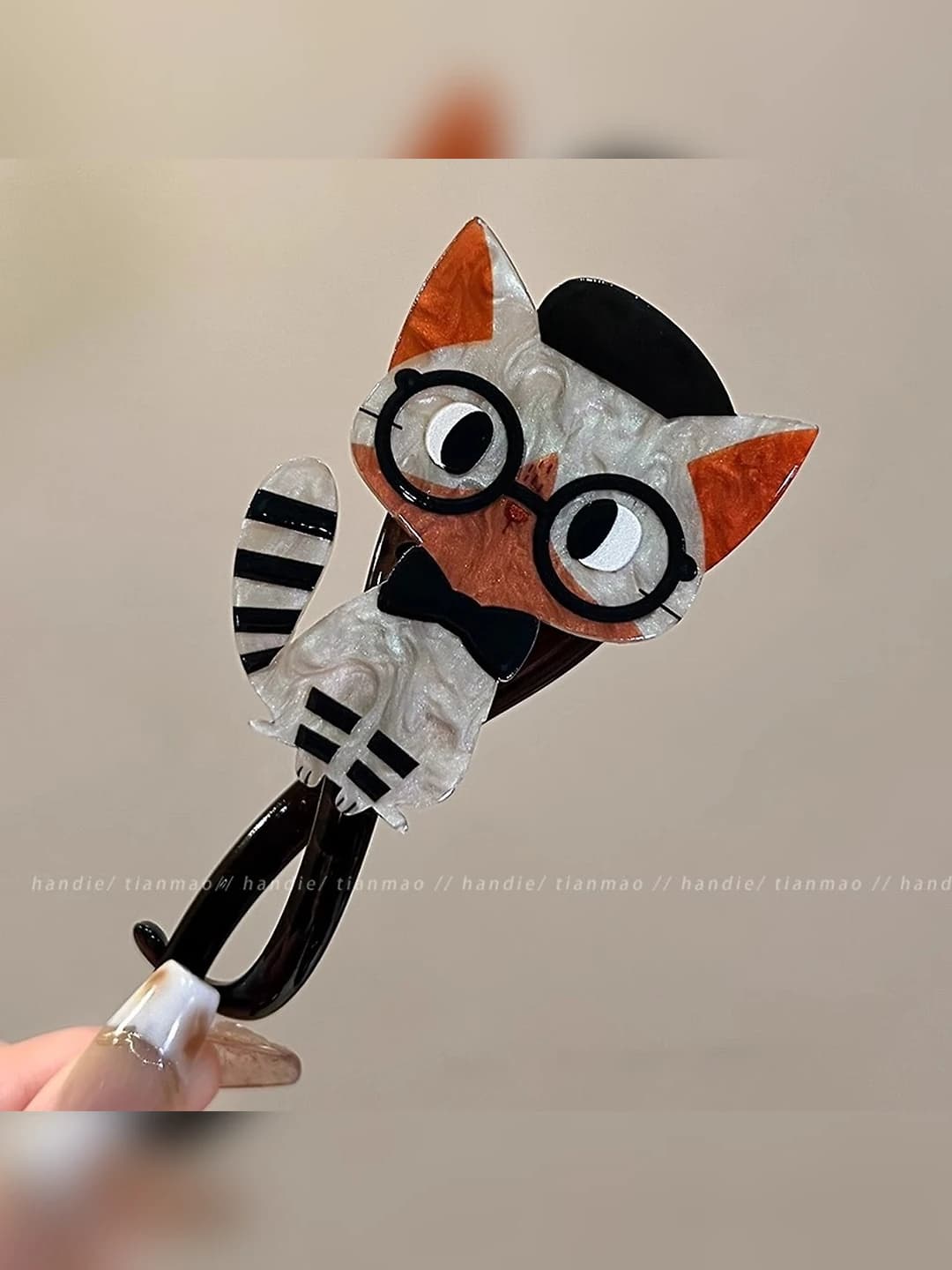 Translucent black base, grey cat with glasses