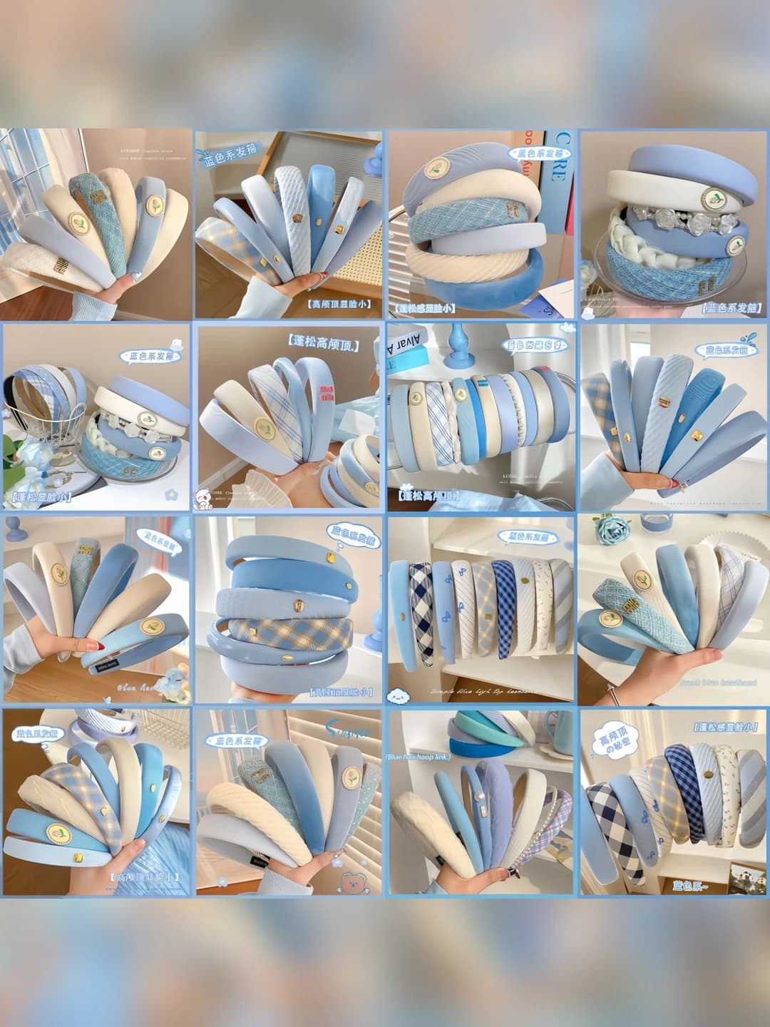 Women's wide high-crown headband, French style, Chanel style, new 2026 design, blue, handmade, with fruit and food elements, fabric
