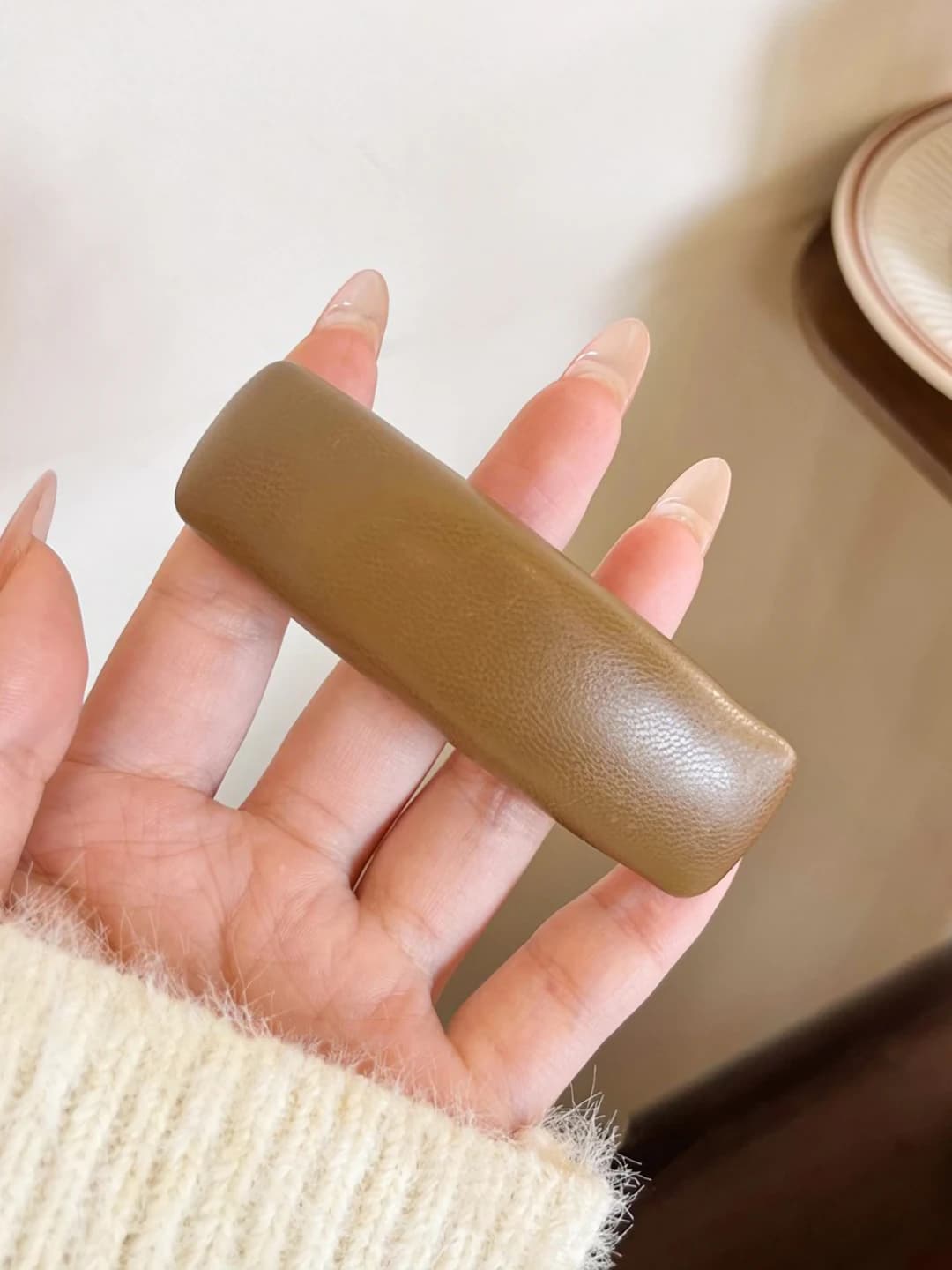 3# Coffee leather hair clip 8 cm