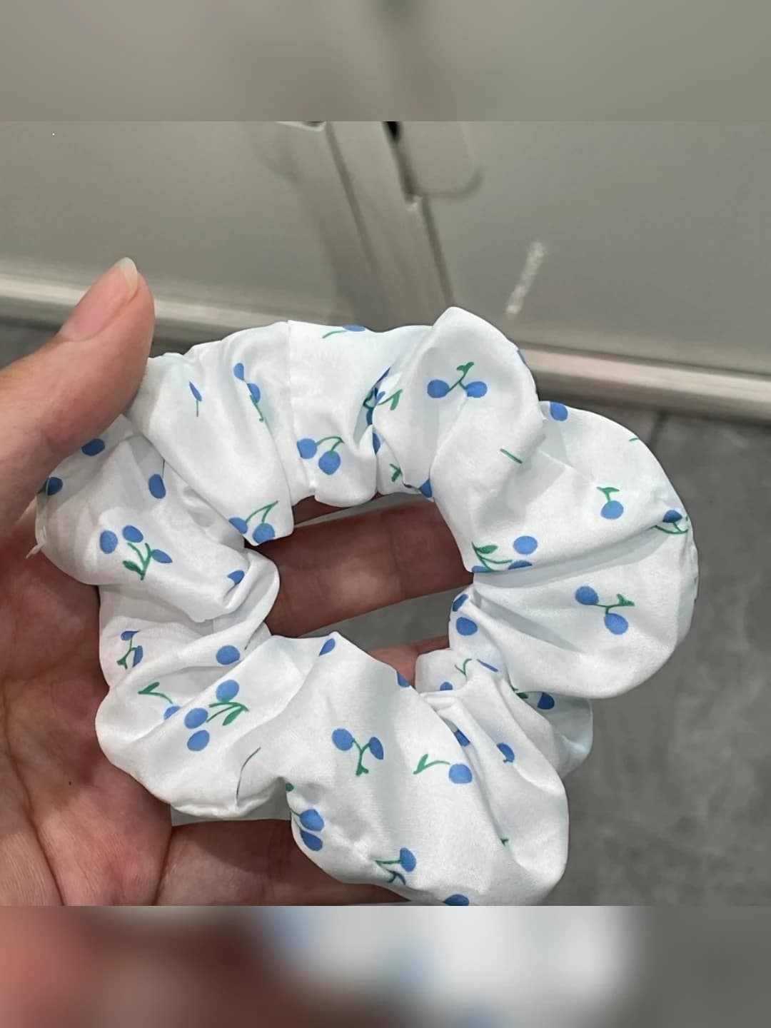 2# Blue cherry print satin scrunchie ~9 cm