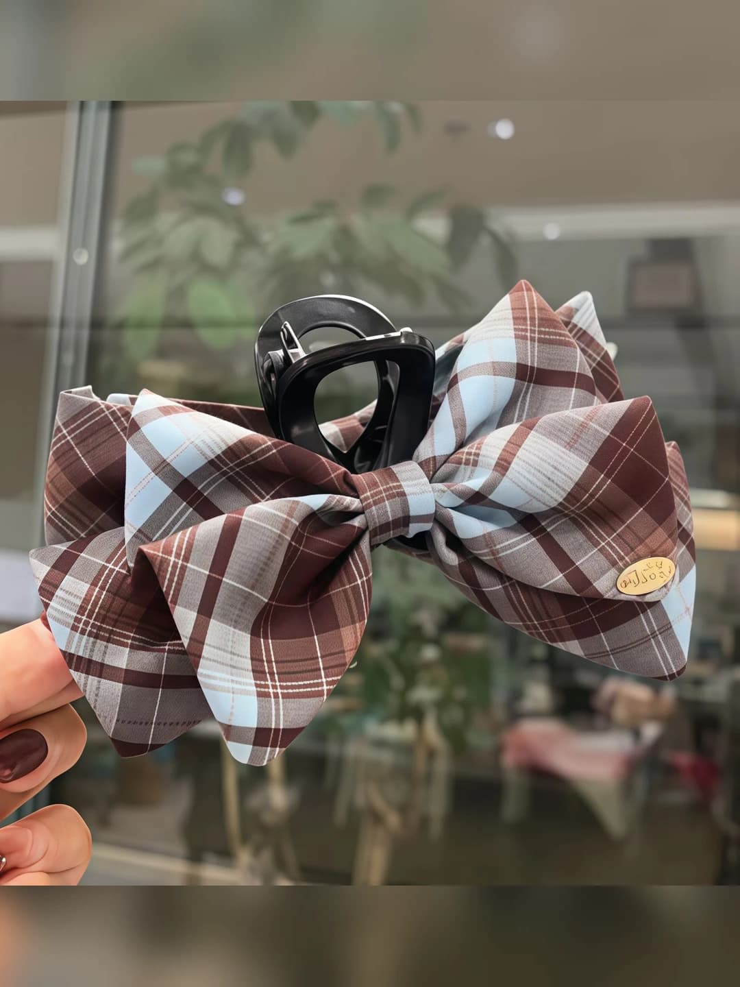 1# Ink blue plaid bow clip ~13cm