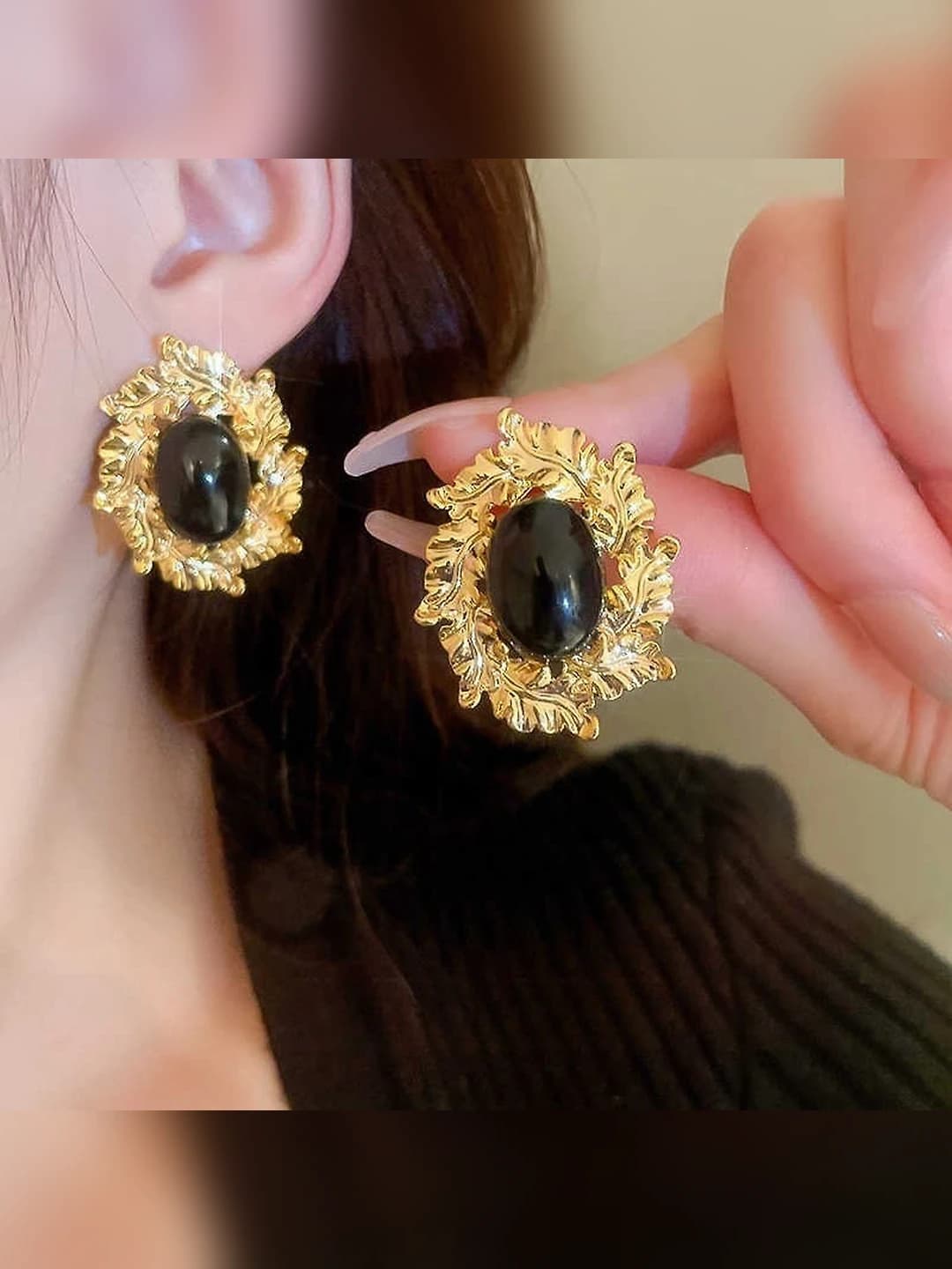 Black oval metal earring