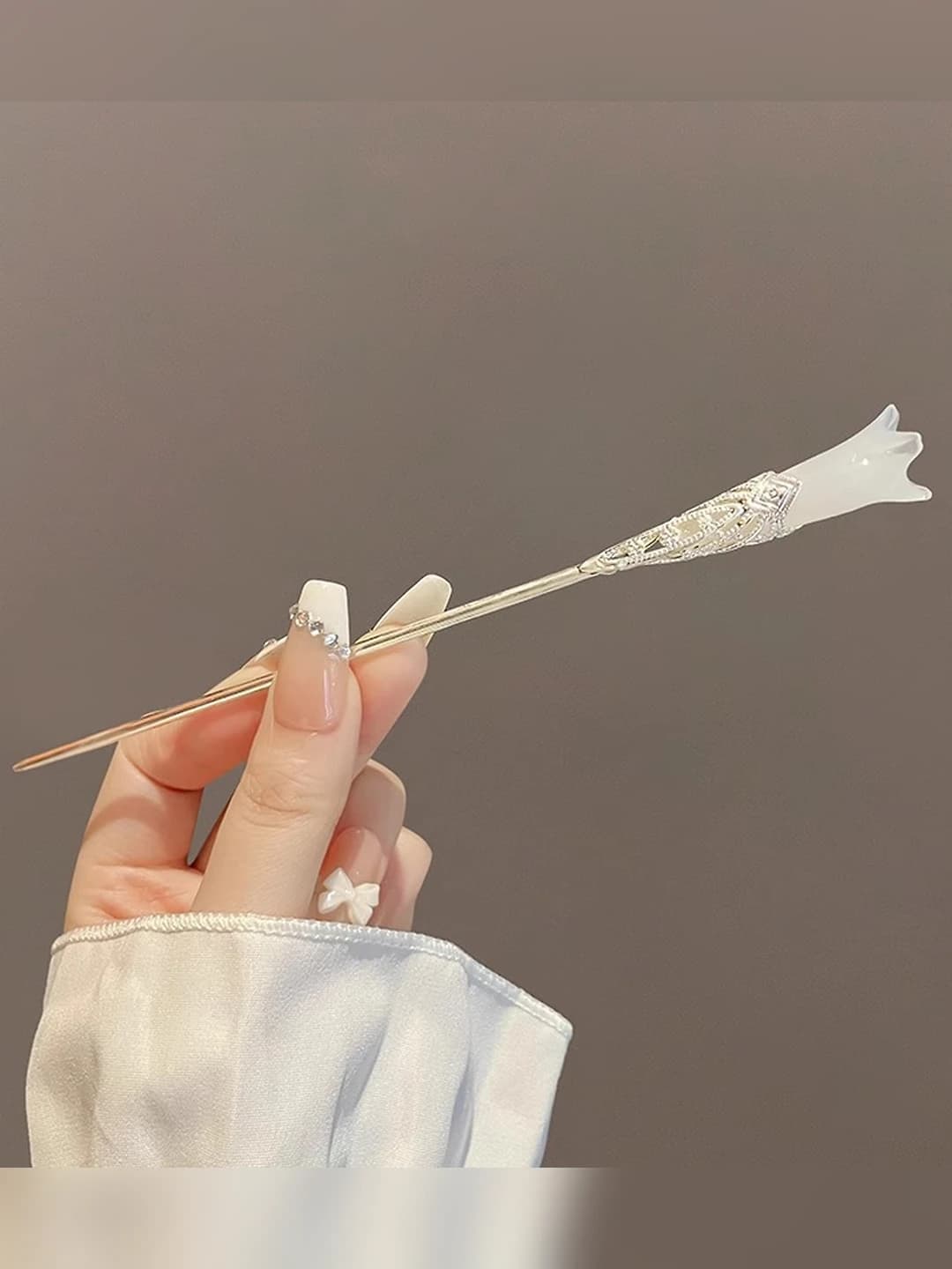 25# White jade candle hairpin - Silver