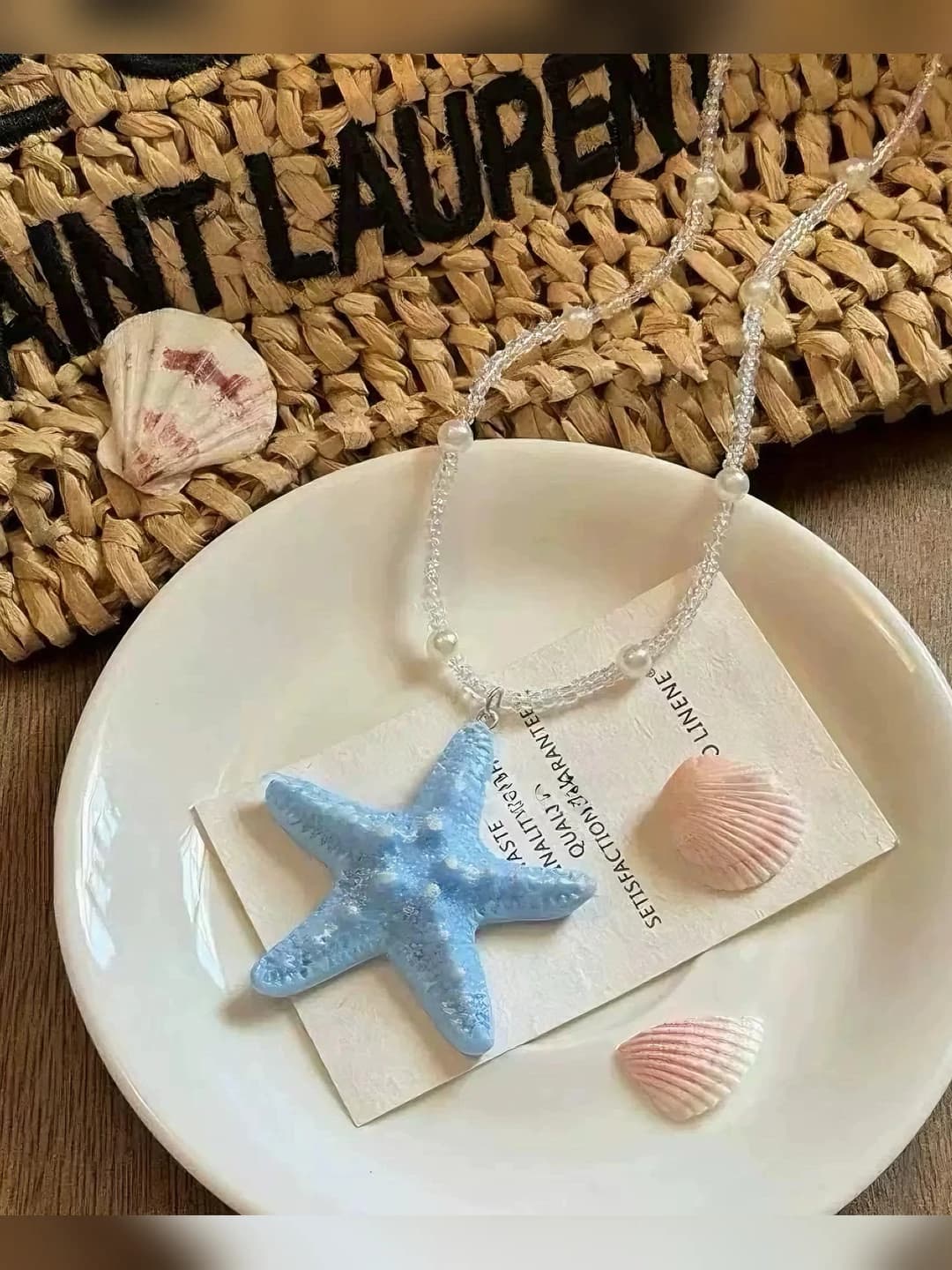 Blue starfish, white beads, long