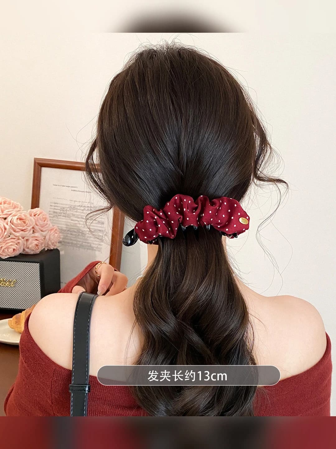 3# Red polka dot banana clip ~13 cm