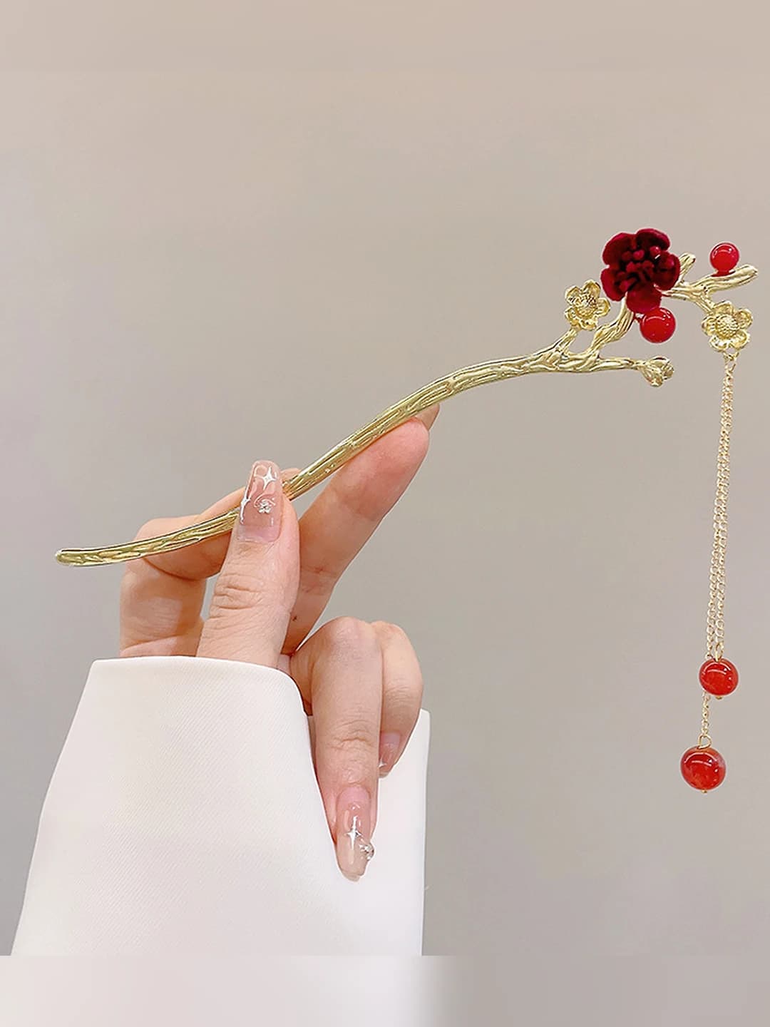 1# Red flower pearl pendant hairpin - Gold (bagged)