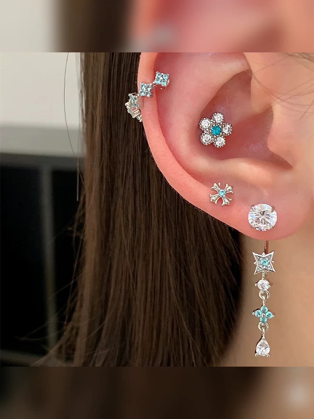 Women's titanium steel earrings with blue zircon, cross, stars and flowers