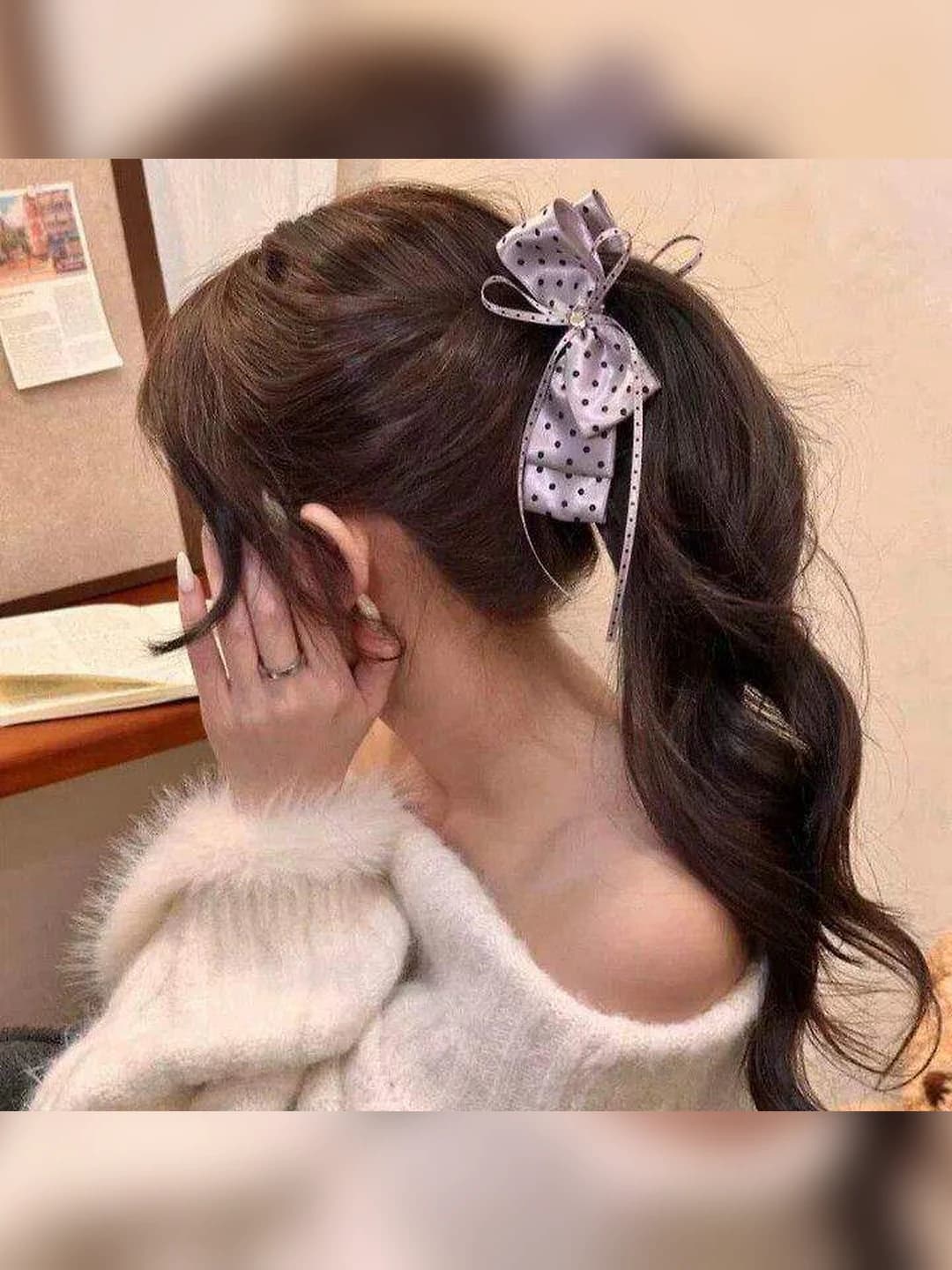 Purple polka dot banana clip ~13 cm, bow ~16 cm