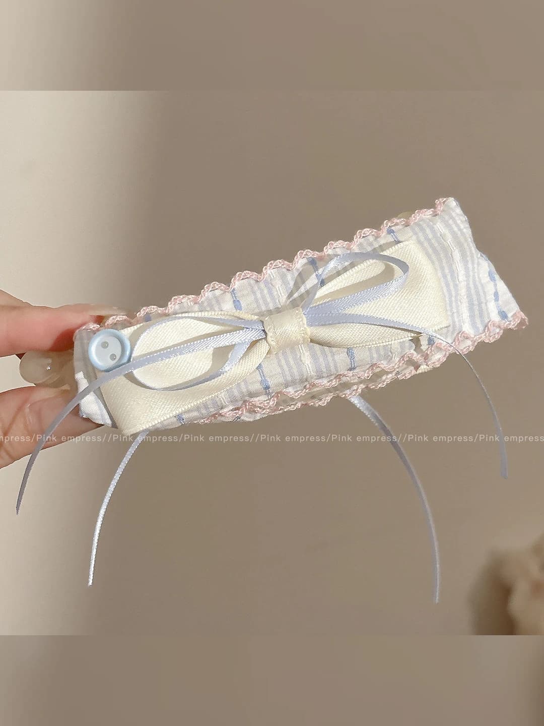 Blue bow beige banana clip ~13 cm