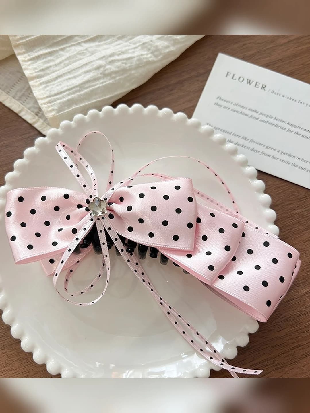 Pink polka dot banana clip ~13 cm, bow ~16 cm