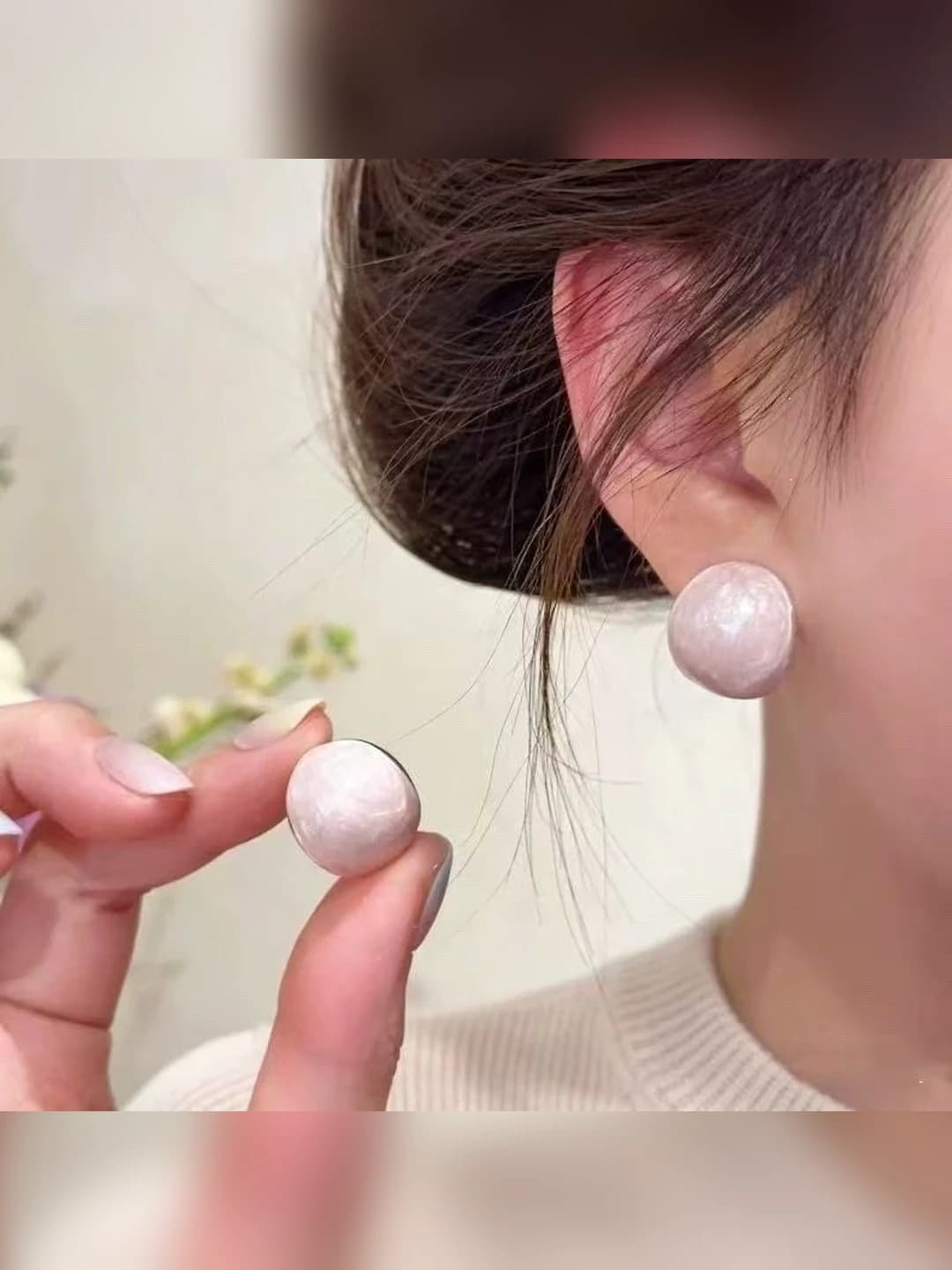 1# Pink enamel half-circle earrings ~1.8 cm