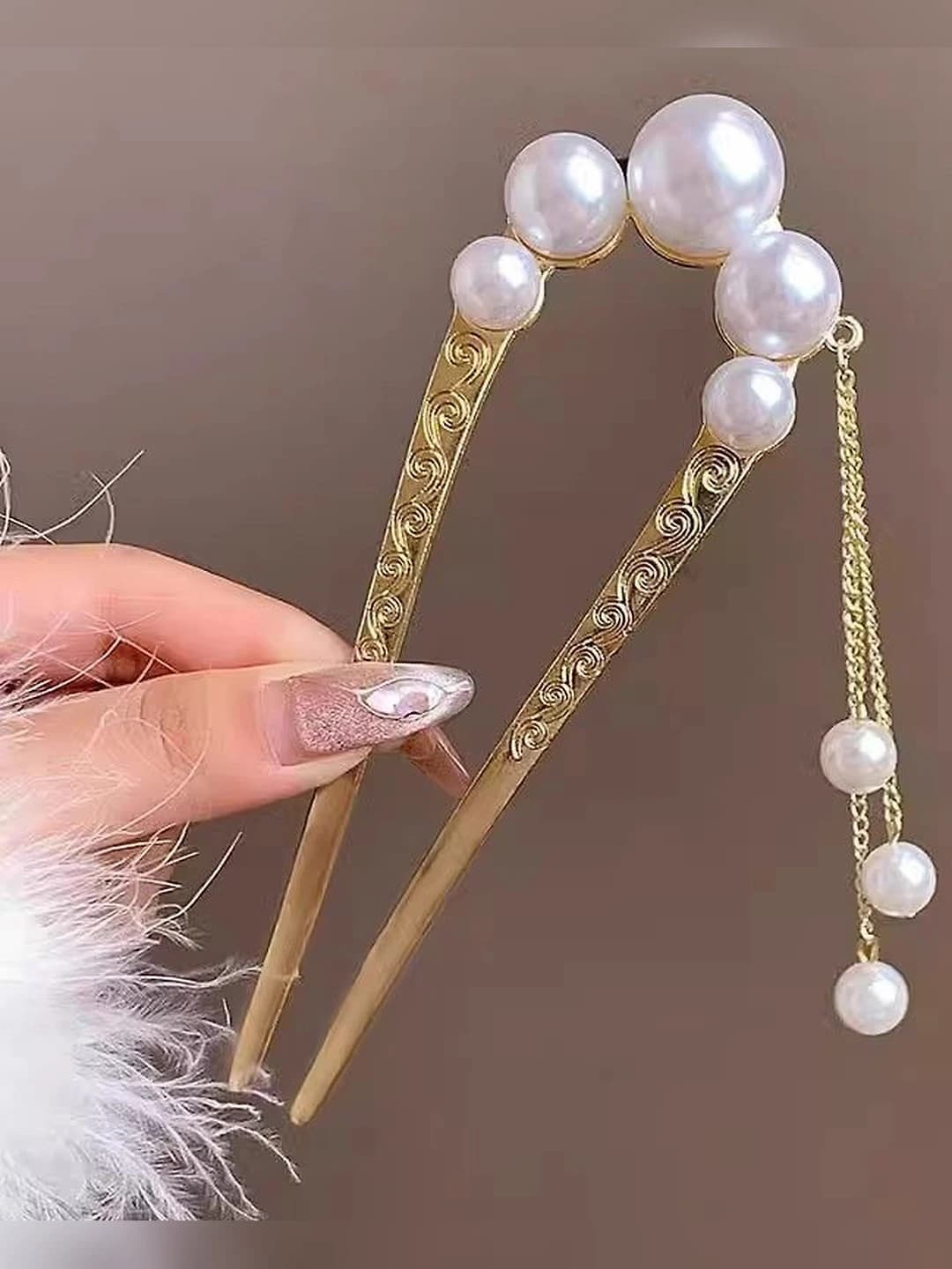 Gold pearl hair pin 14 cm